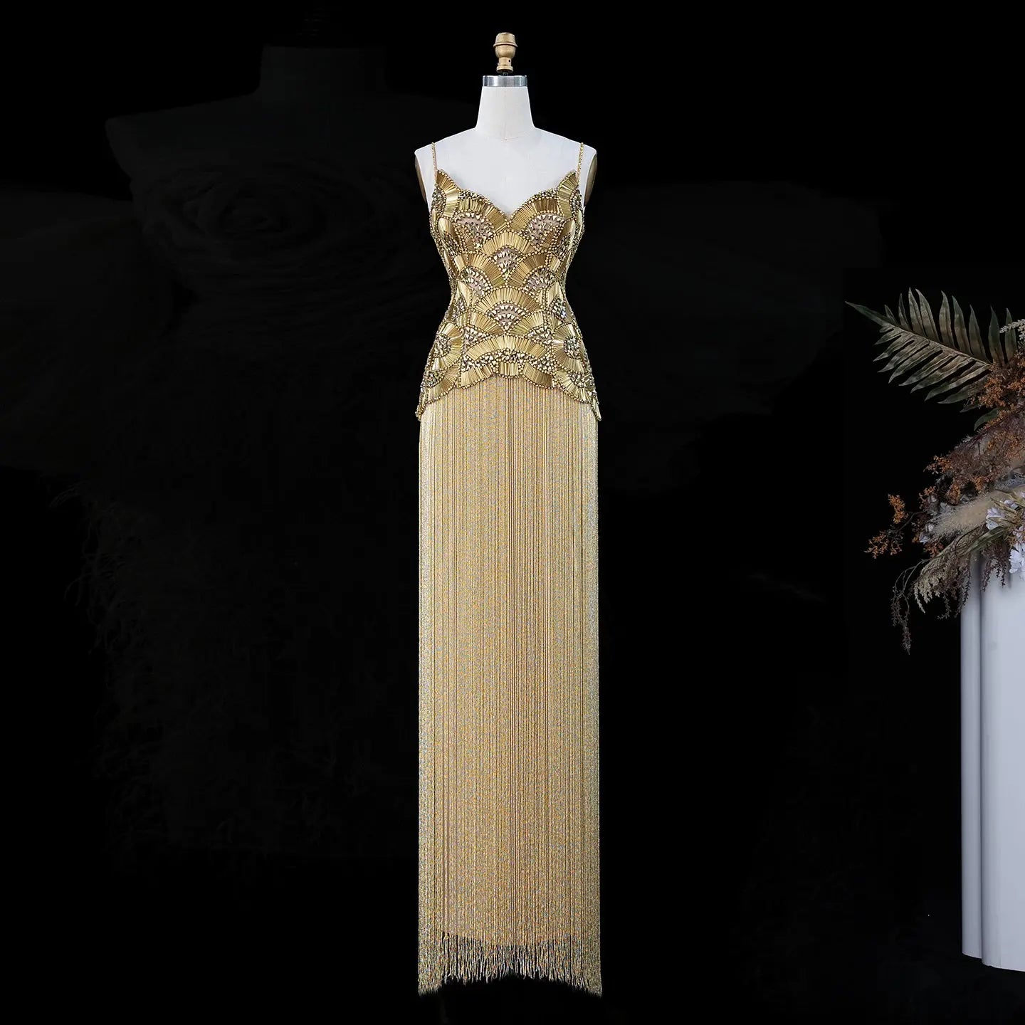 Gold Embellished Bodice Floor Length Fringe Evening Dress for Formal Events SS336 Sheer Fairy