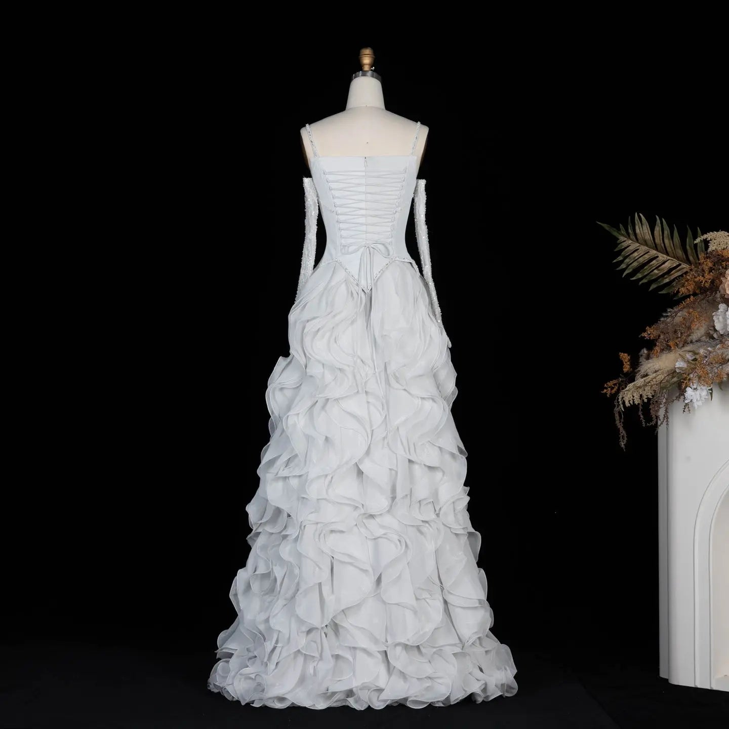 Luxurious Light Grey Corset Ball Gown Cascading Ruffle Tiered Evening Dress With Gloves SS672 Sheer Fairy