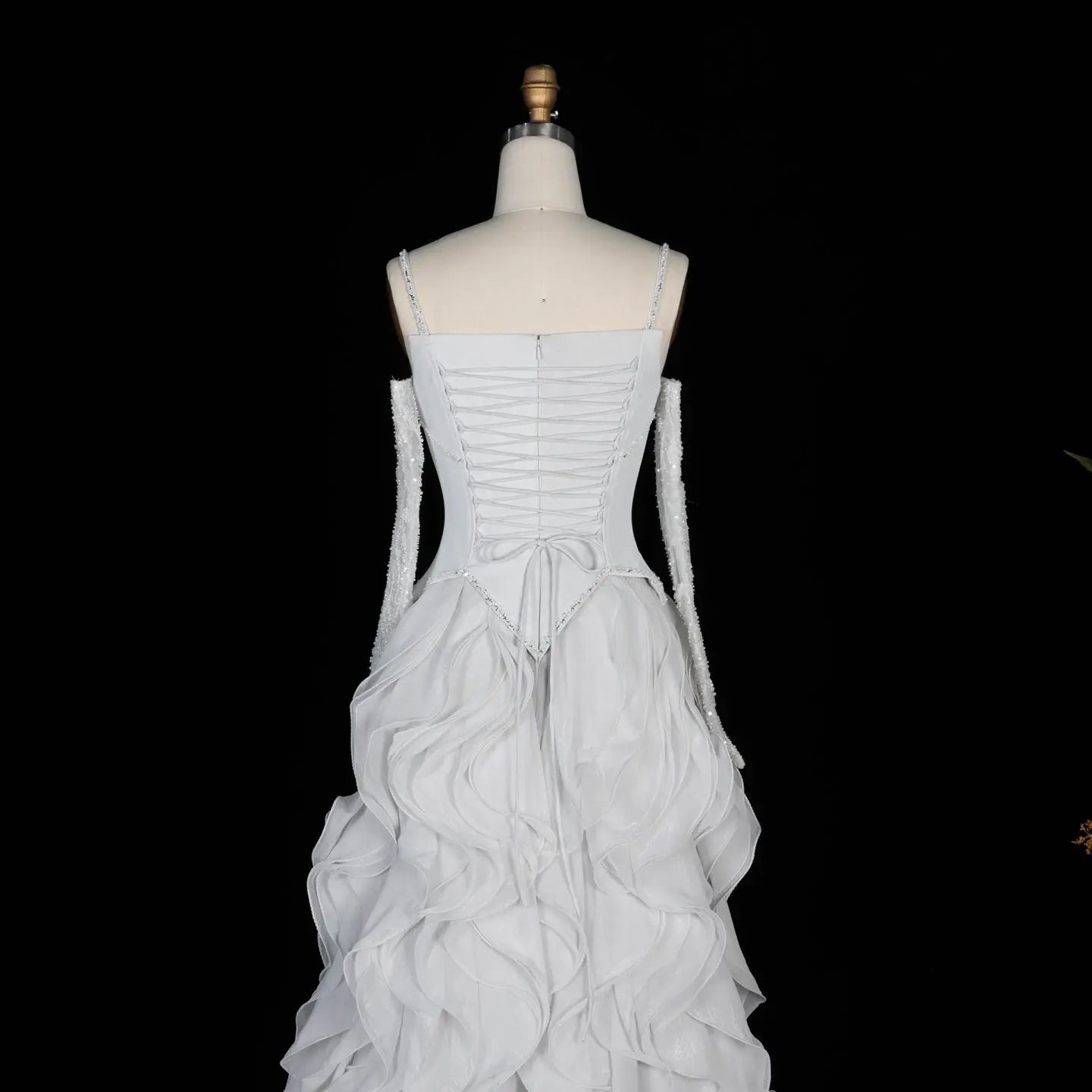 Luxurious Light Grey Corset Ball Gown Cascading Ruffle Tiered Evening Dress With Gloves SS672 Sheer Fairy