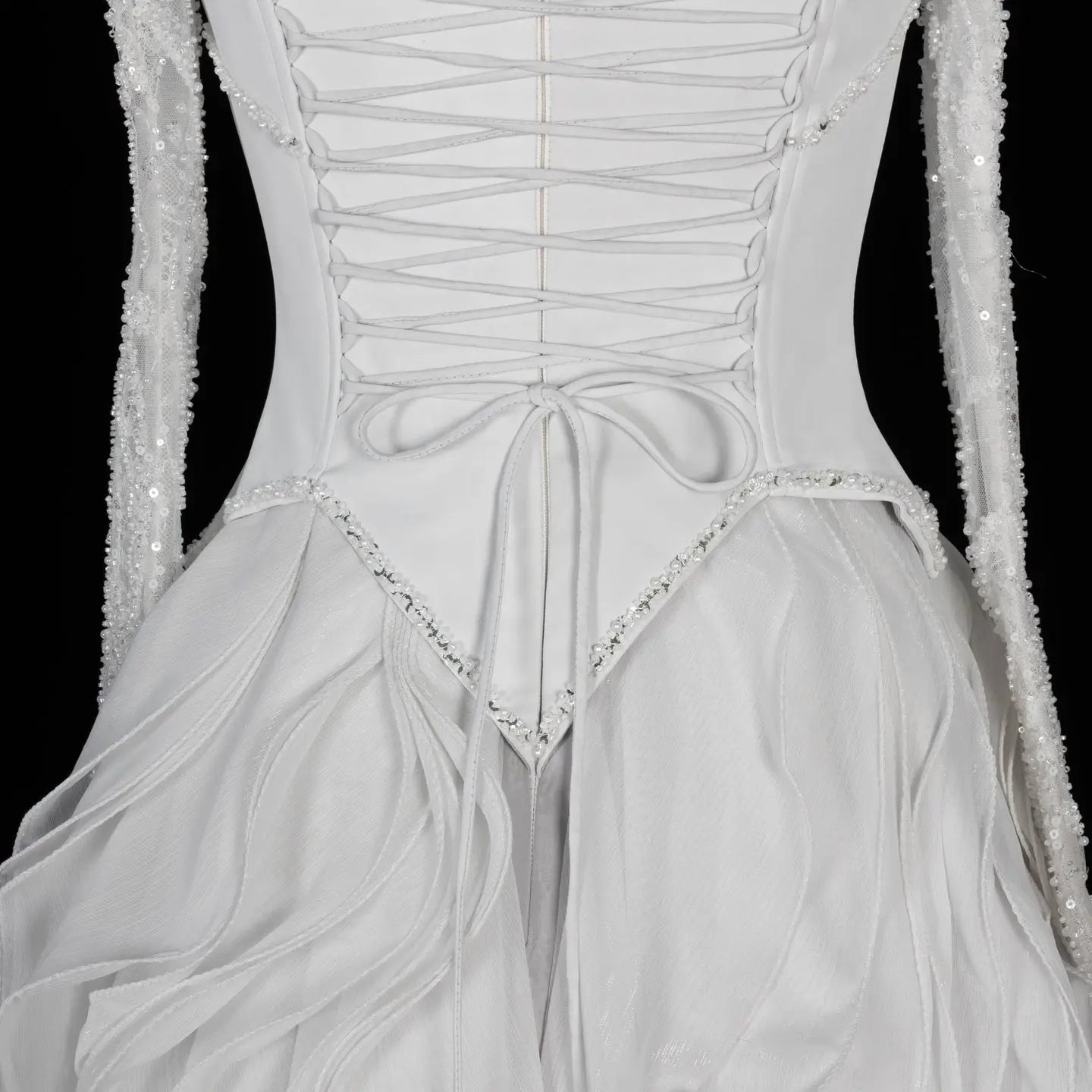 Luxurious Light Grey Corset Ball Gown Cascading Ruffle Tiered Evening Dress With Gloves SS672 Sheer Fairy