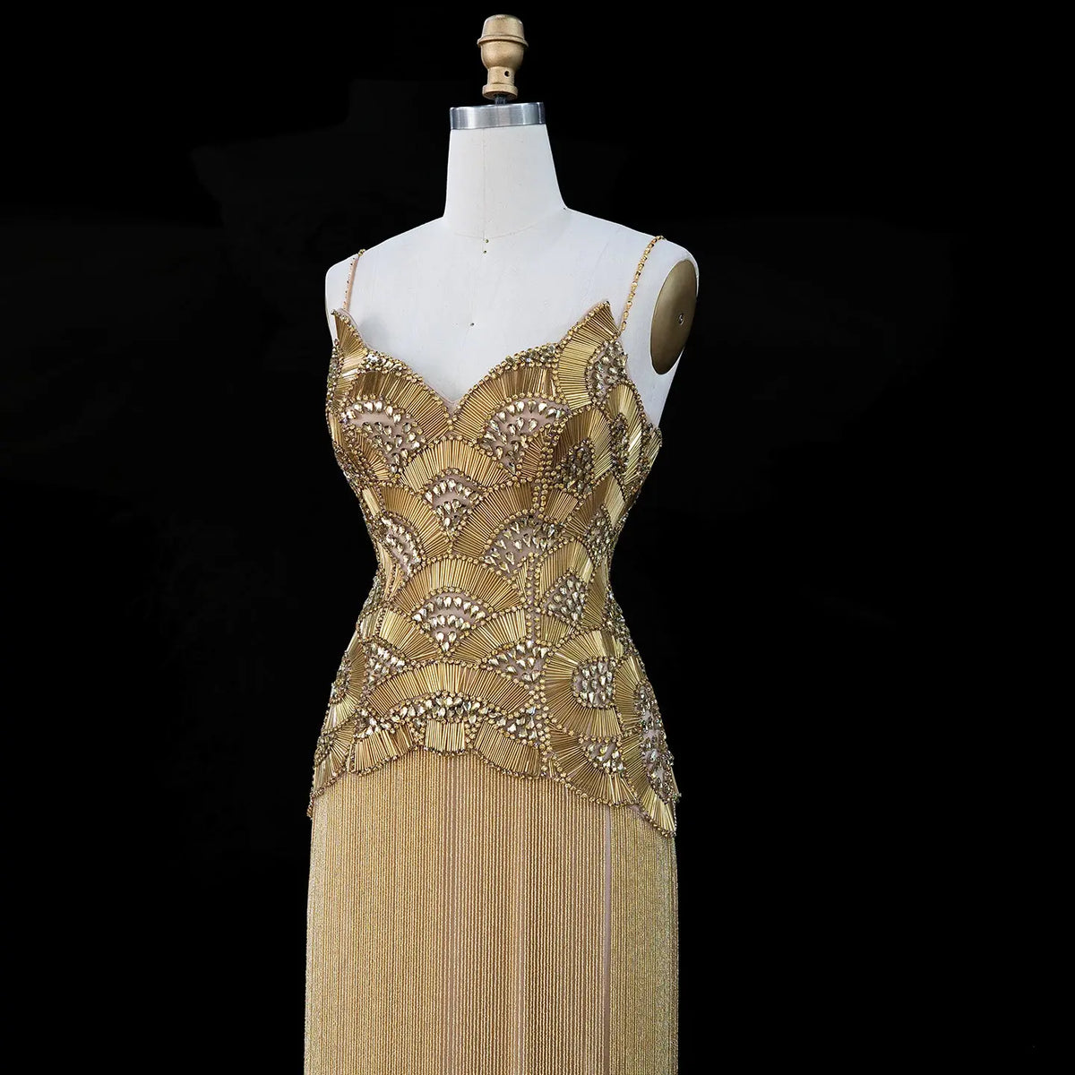 Gold Embellished Bodice Floor Length Fringe Evening Dress for Formal Events SS336 Sheer Fairy