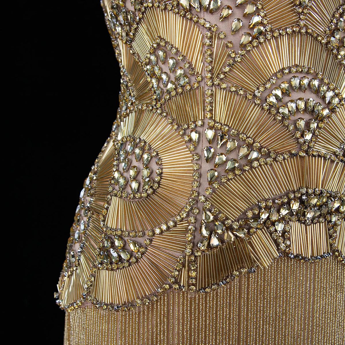 Gold Embellished Bodice Floor Length Fringe Evening Dress for Formal Events SS336 Sheer Fairy