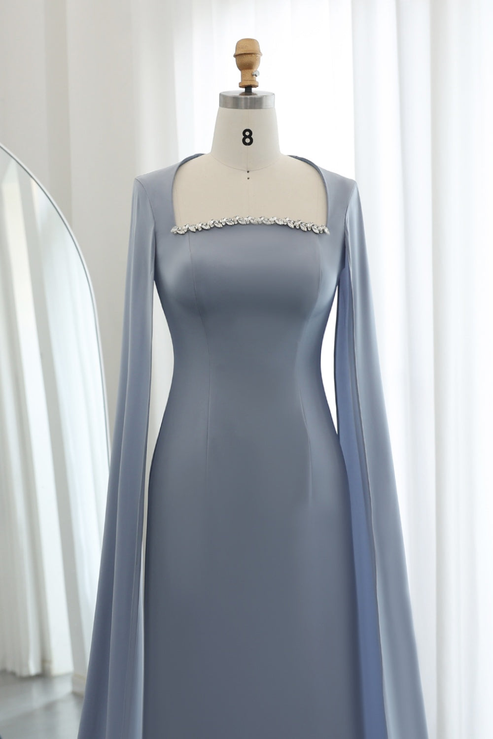 Elegant Blue Mermaid Evening Dress with Cape Sleeves SF486 Sheer Fairy