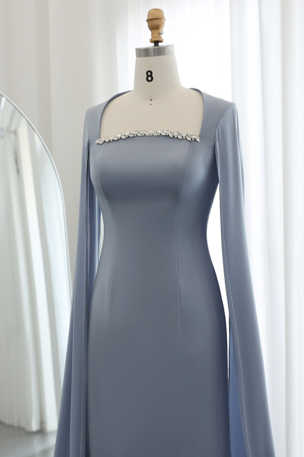 Elegant Blue Mermaid Evening Dress with Cape Sleeves SF486 Sheer Fairy