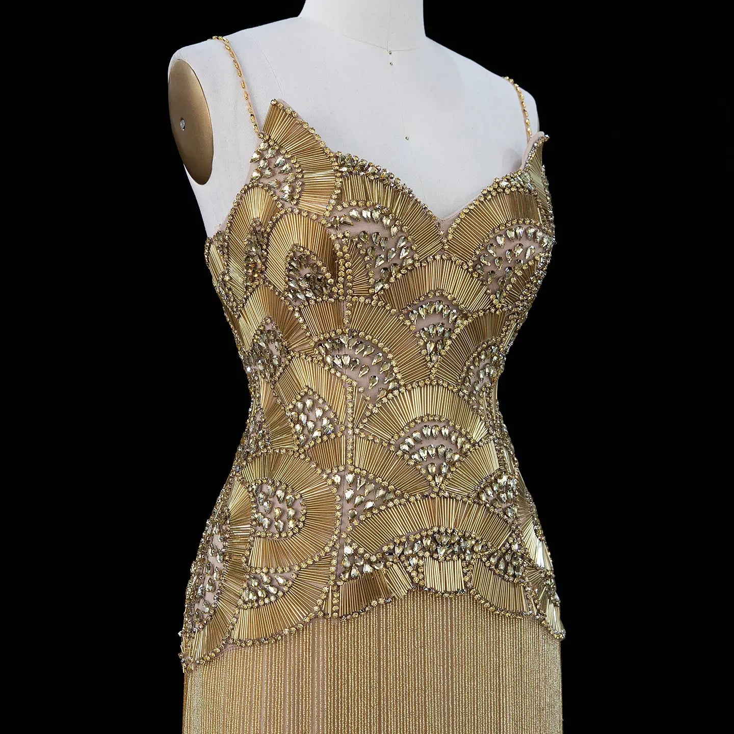 Gold Embellished Bodice Floor Length Fringe Evening Dress for Formal Events SS336 Sheer Fairy