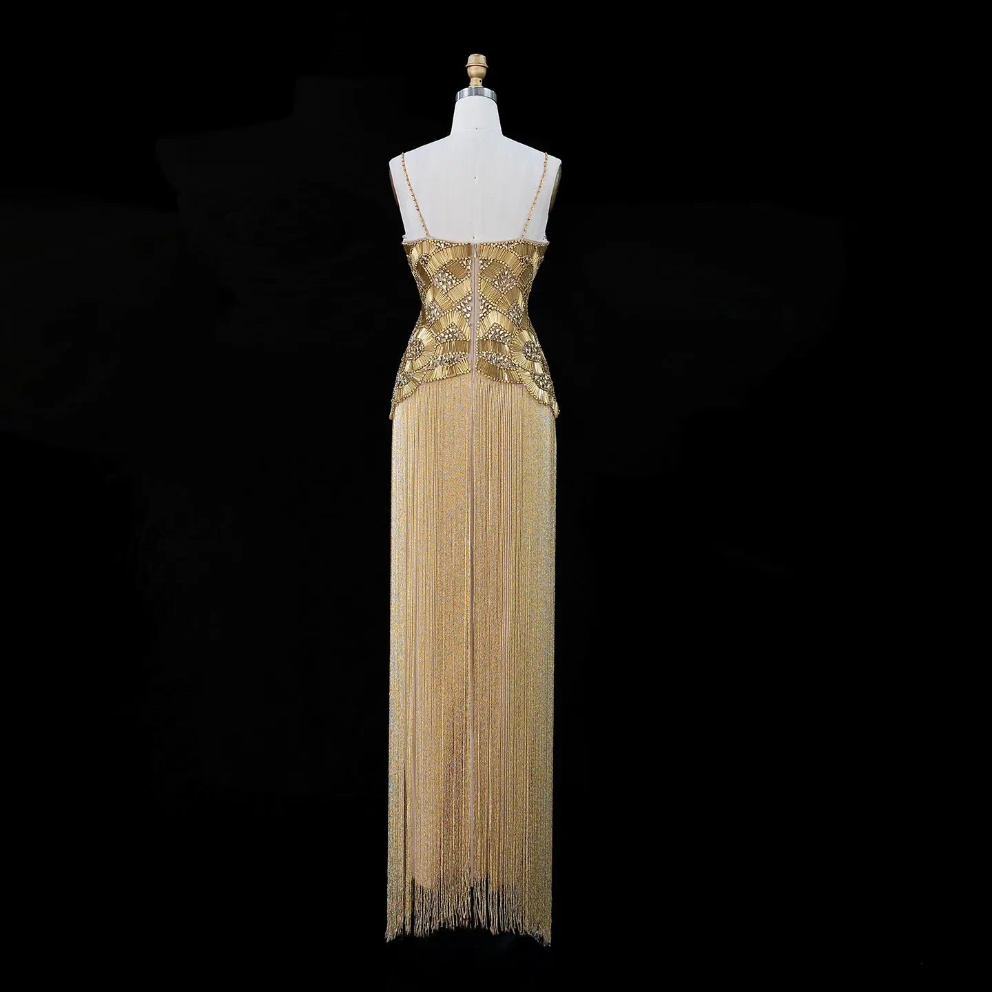 Gold Embellished Bodice Floor Length Fringe Evening Dress for Formal Events SS336 Sheer Fairy