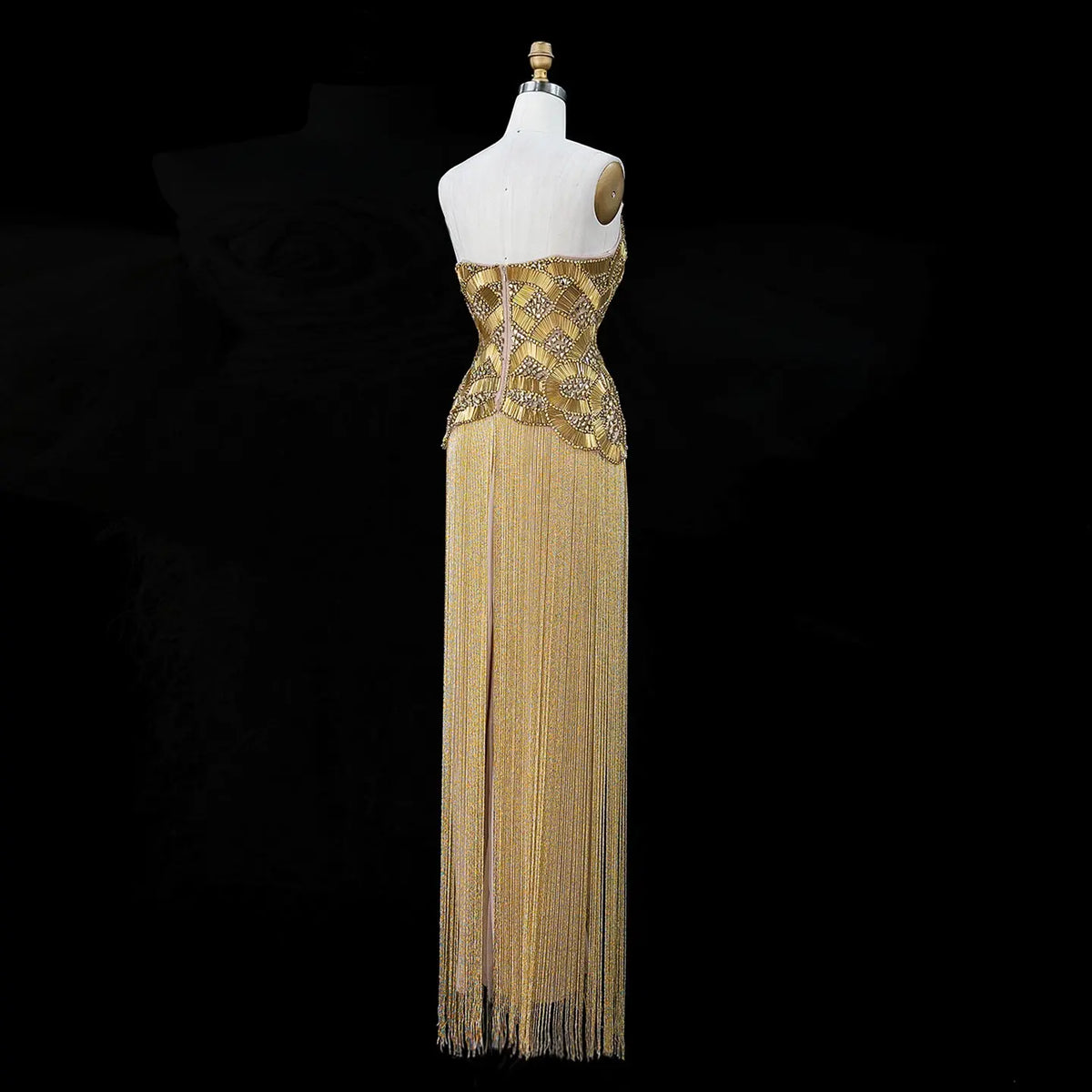 Gold Embellished Bodice Floor Length Fringe Evening Dress for Formal Events SS336 Sheer Fairy