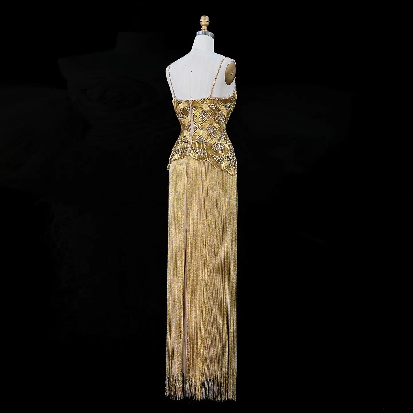 Gold Embellished Bodice Floor Length Fringe Evening Dress for Formal Events SS336 Sheer Fairy