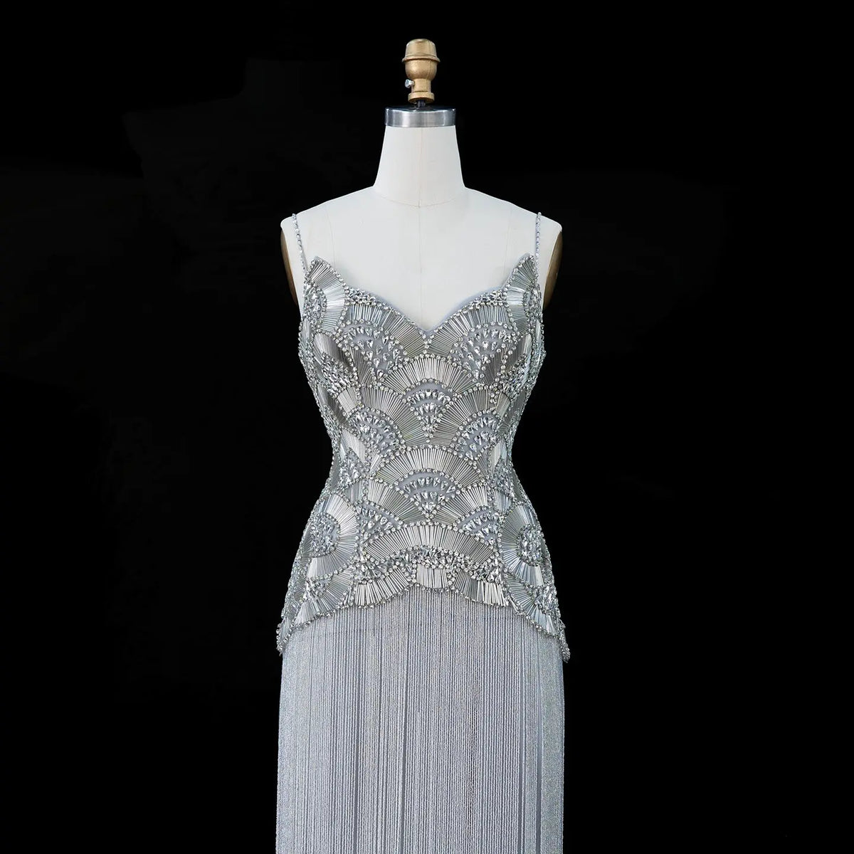 Gold Embellished Bodice Floor Length Fringe Evening Dress for Formal Events SS336 Sheer Fairy