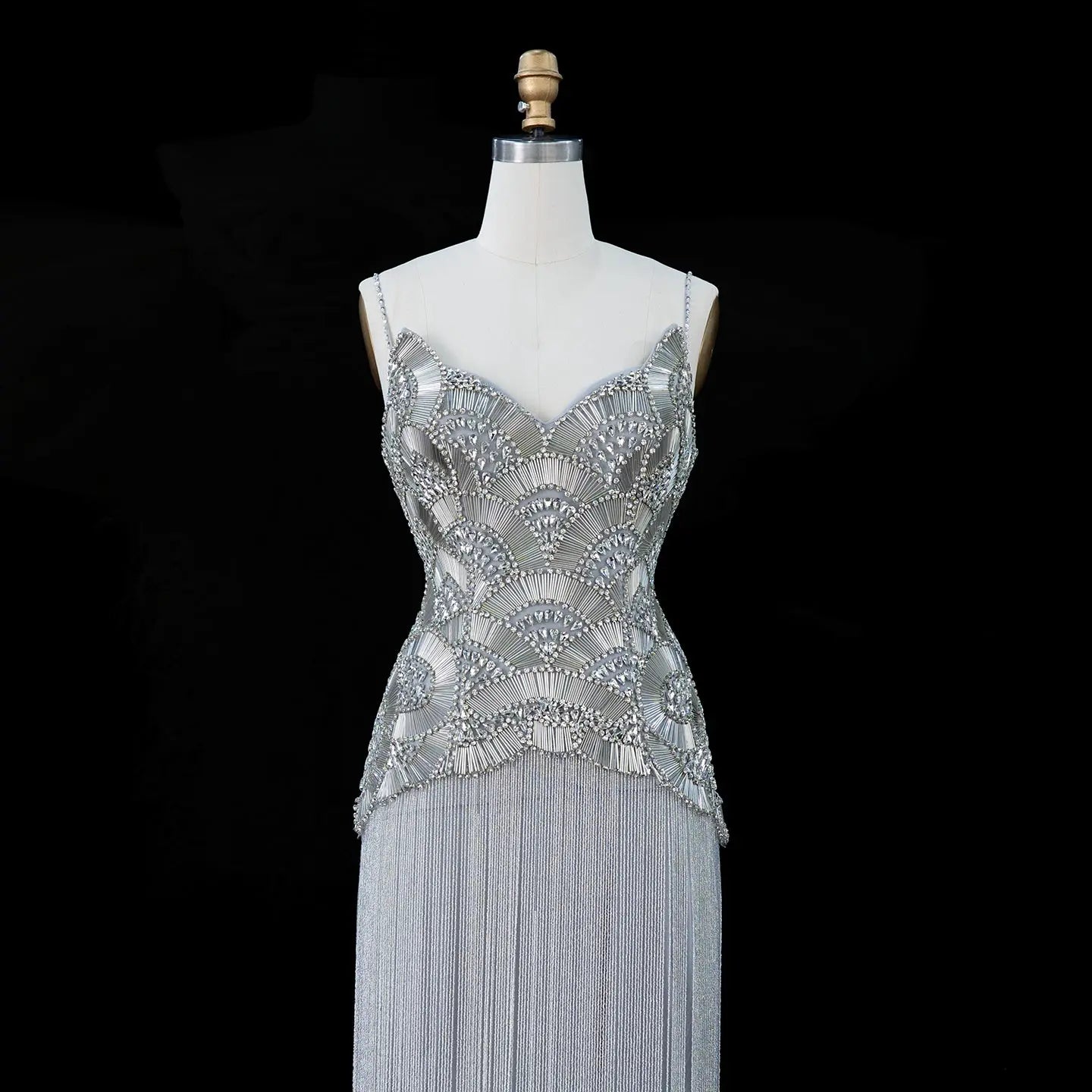 Gold Embellished Bodice Floor Length Fringe Evening Dress for Formal Events SS336 Sheer Fairy