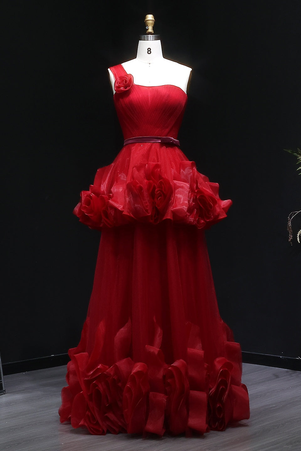 Modest Red One-Shoulder Ballgown Prom Dress with Ruffled Tulle SH360 Sheer Fairy