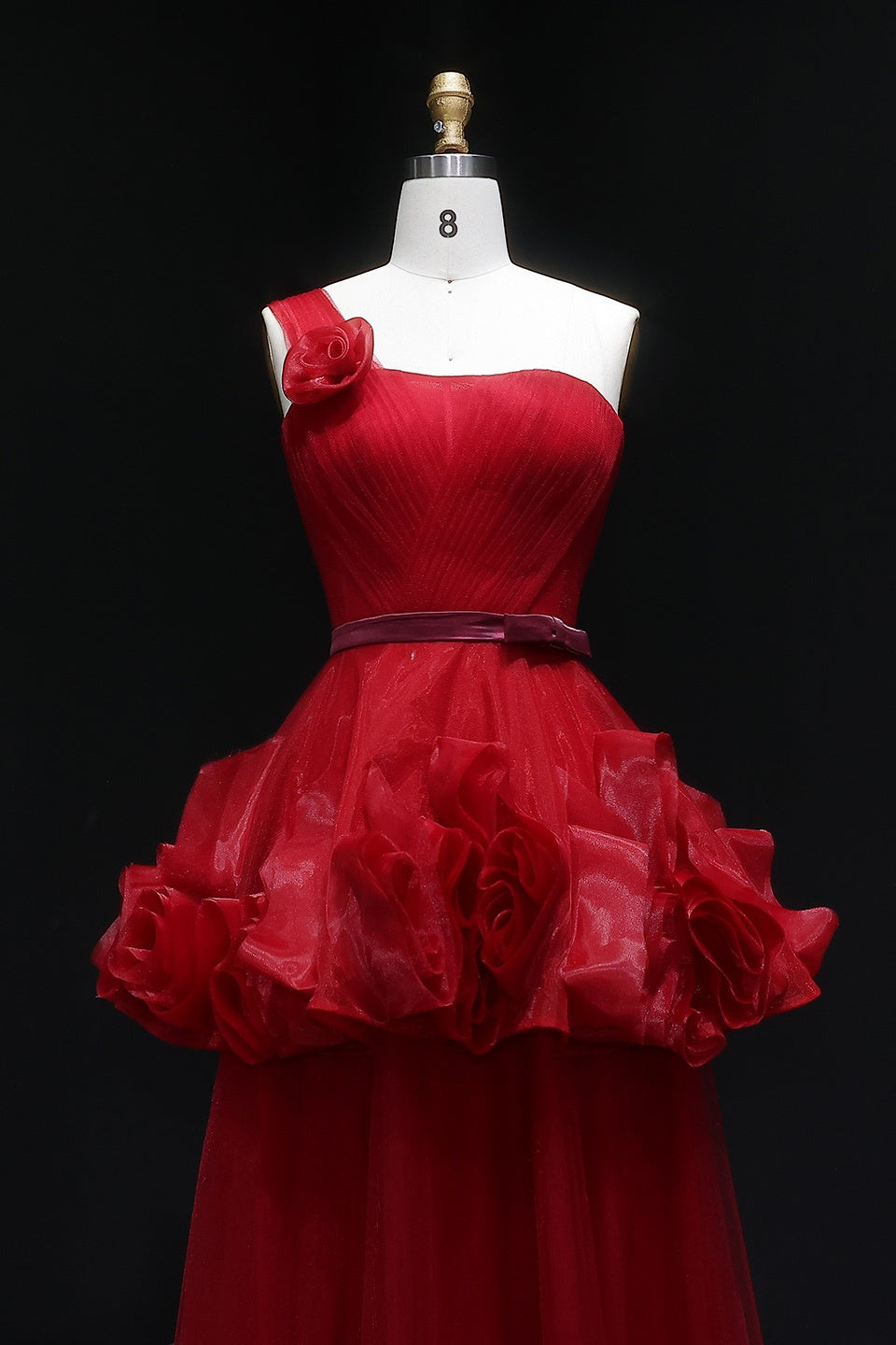 Modest Red One-Shoulder Ballgown Prom Dress with Ruffled Tulle SH360 Sheer Fairy