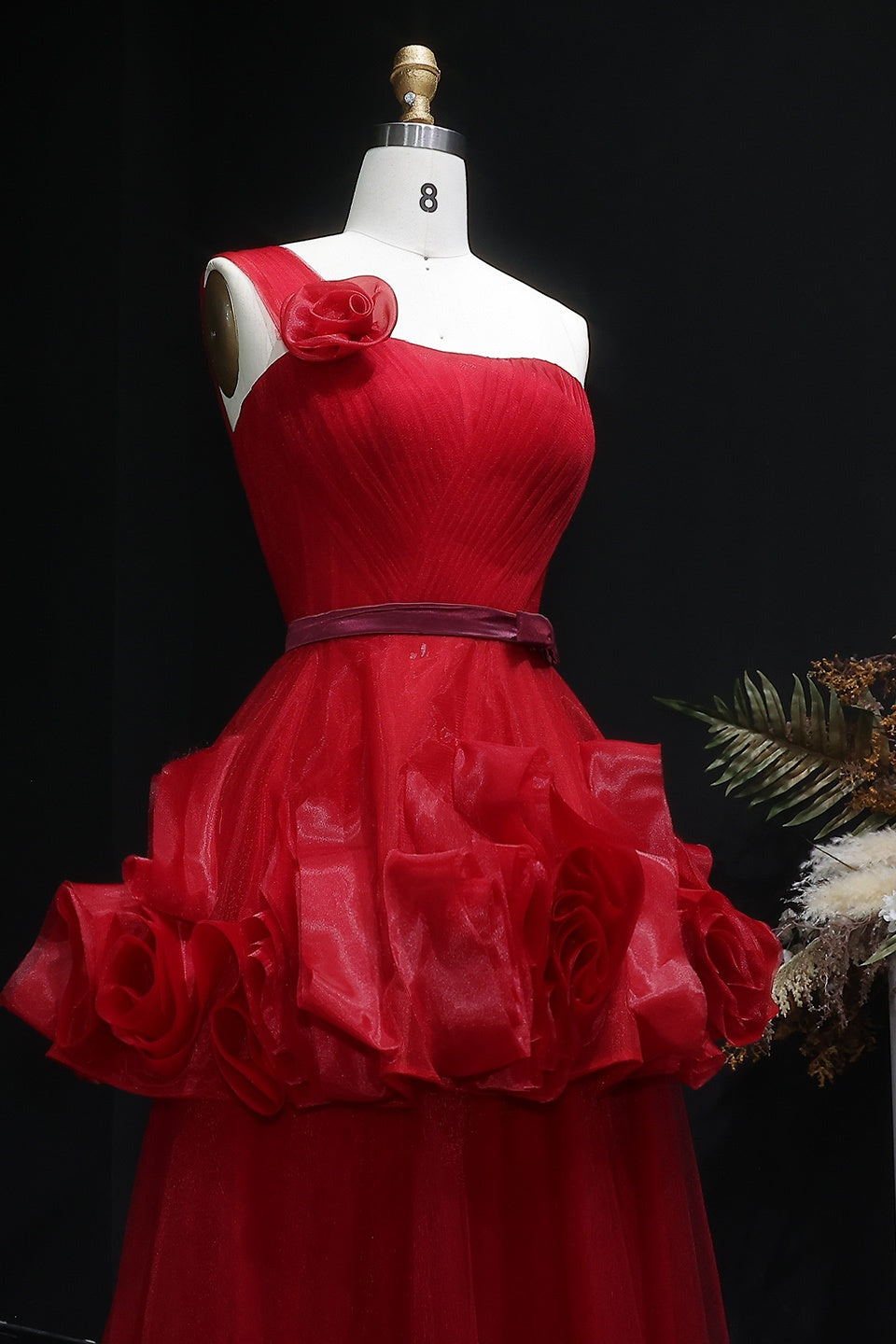 Modest Red One-Shoulder Ballgown Prom Dress with Ruffled Tulle SH360 Sheer Fairy
