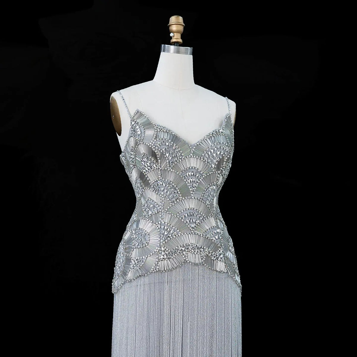 Gold Embellished Bodice Floor Length Fringe Evening Dress for Formal Events SS336 Sheer Fairy