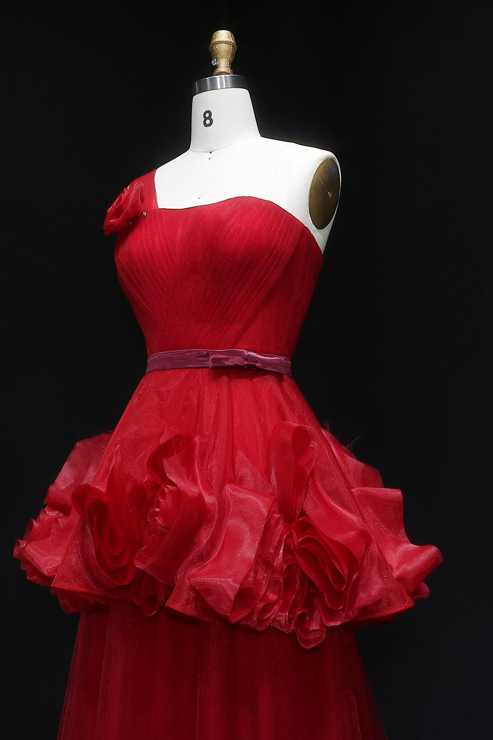 Modest Red One-Shoulder Ballgown Prom Dress with Ruffled Tulle SH360 Sheer Fairy