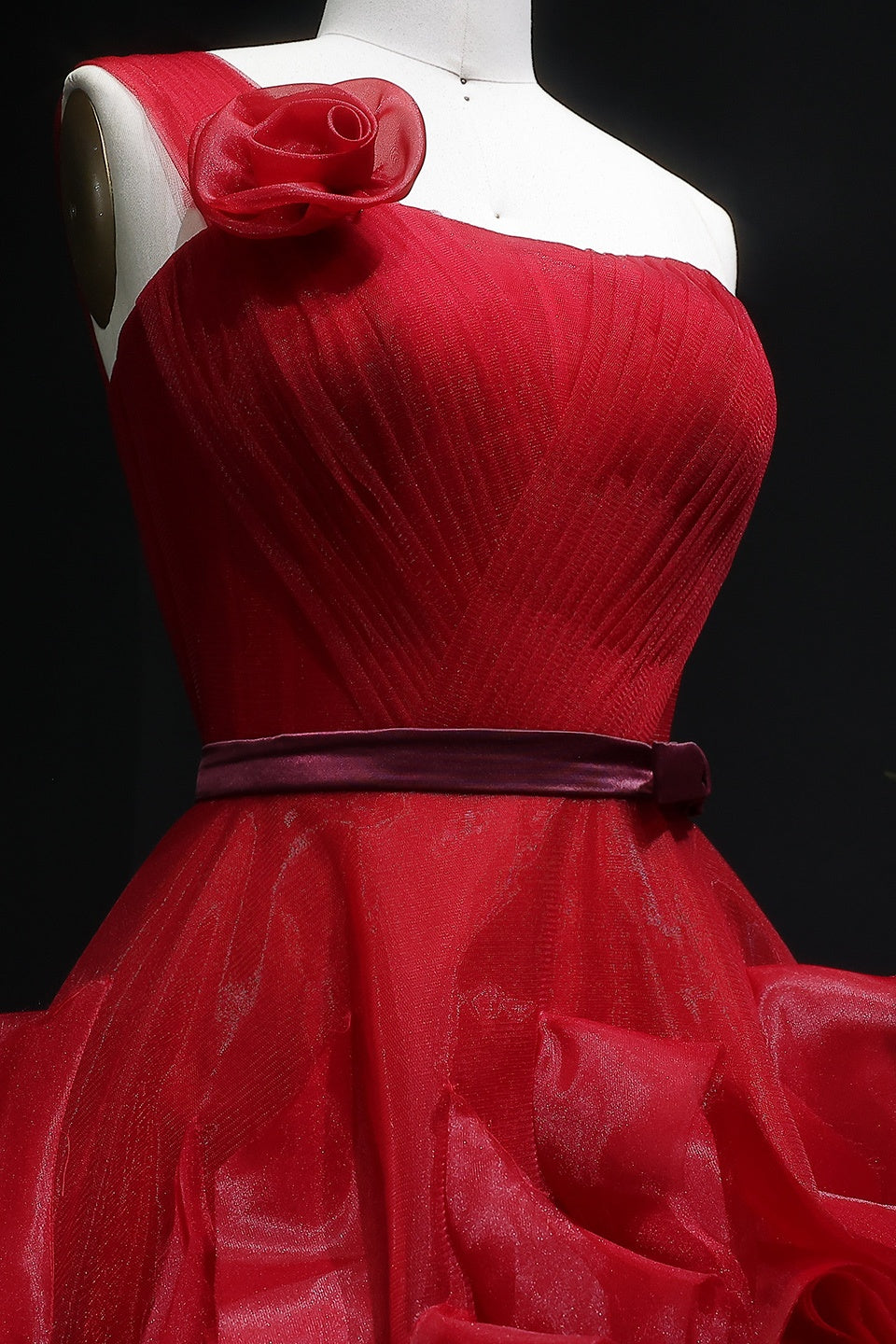 Modest Red One-Shoulder Ballgown Prom Dress with Ruffled Tulle SH360 Sheer Fairy