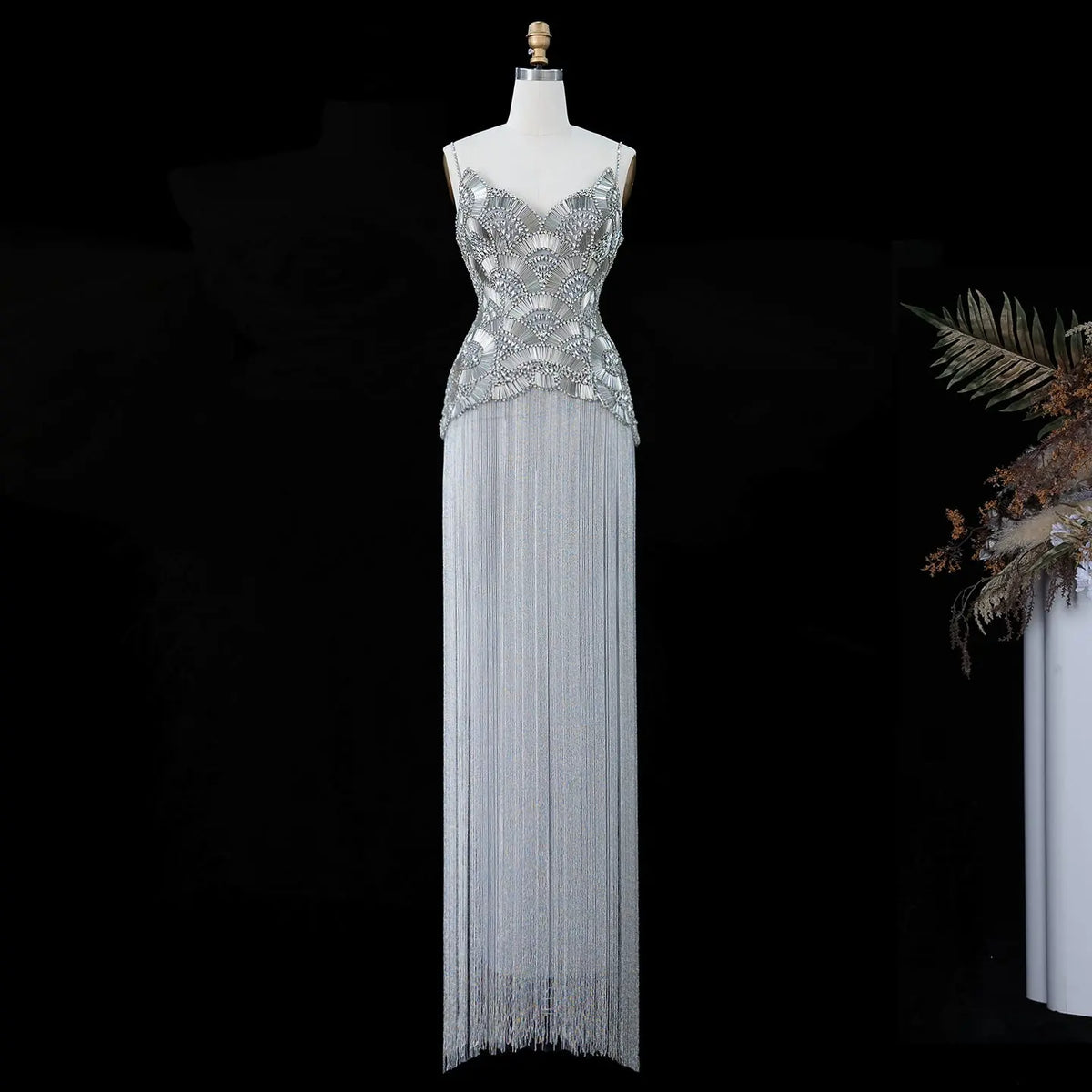 Gold Embellished Bodice Floor Length Fringe Evening Dress for Formal Events SS336 Sheer Fairy