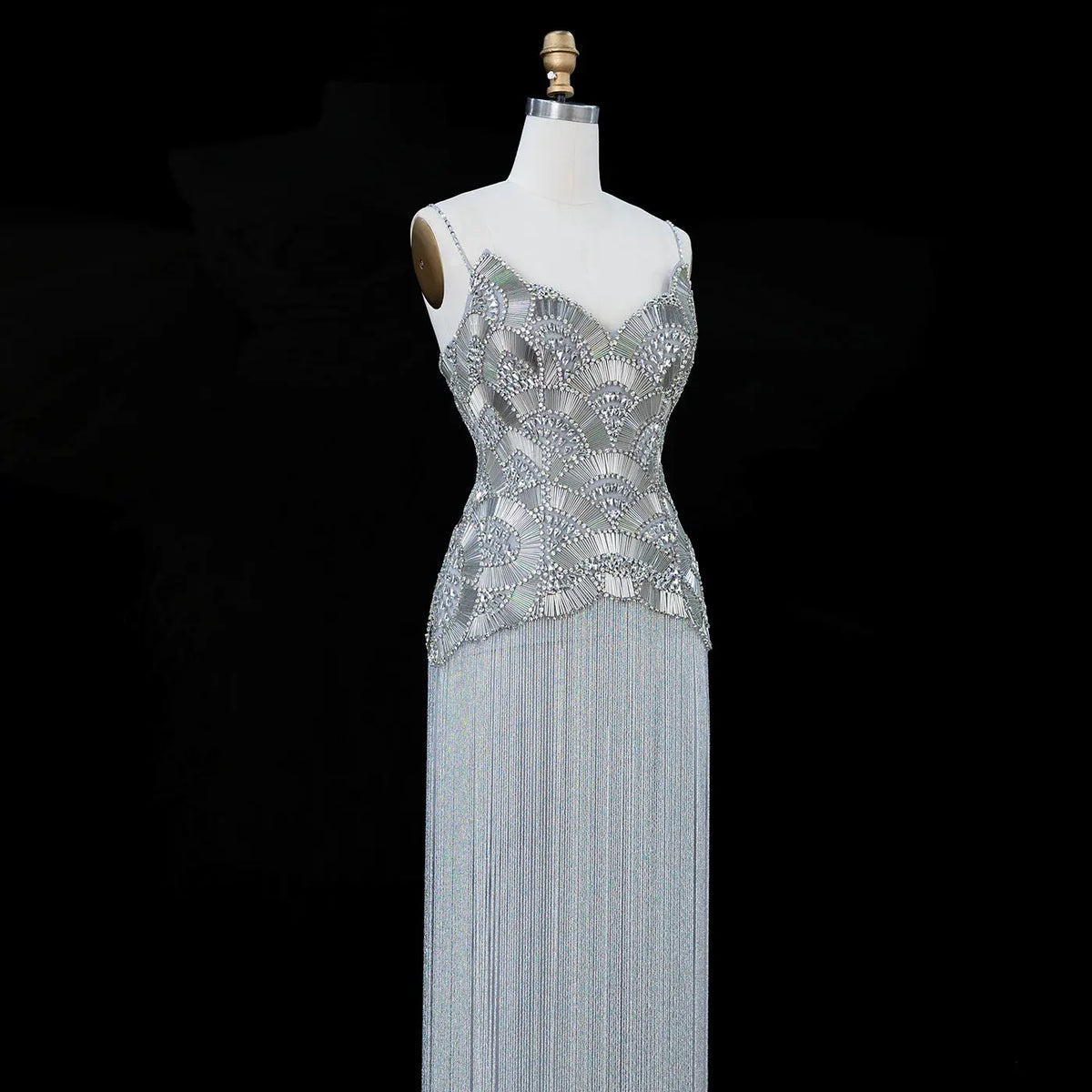 Gold Embellished Bodice Floor Length Fringe Evening Dress for Formal Events SS336 Sheer Fairy