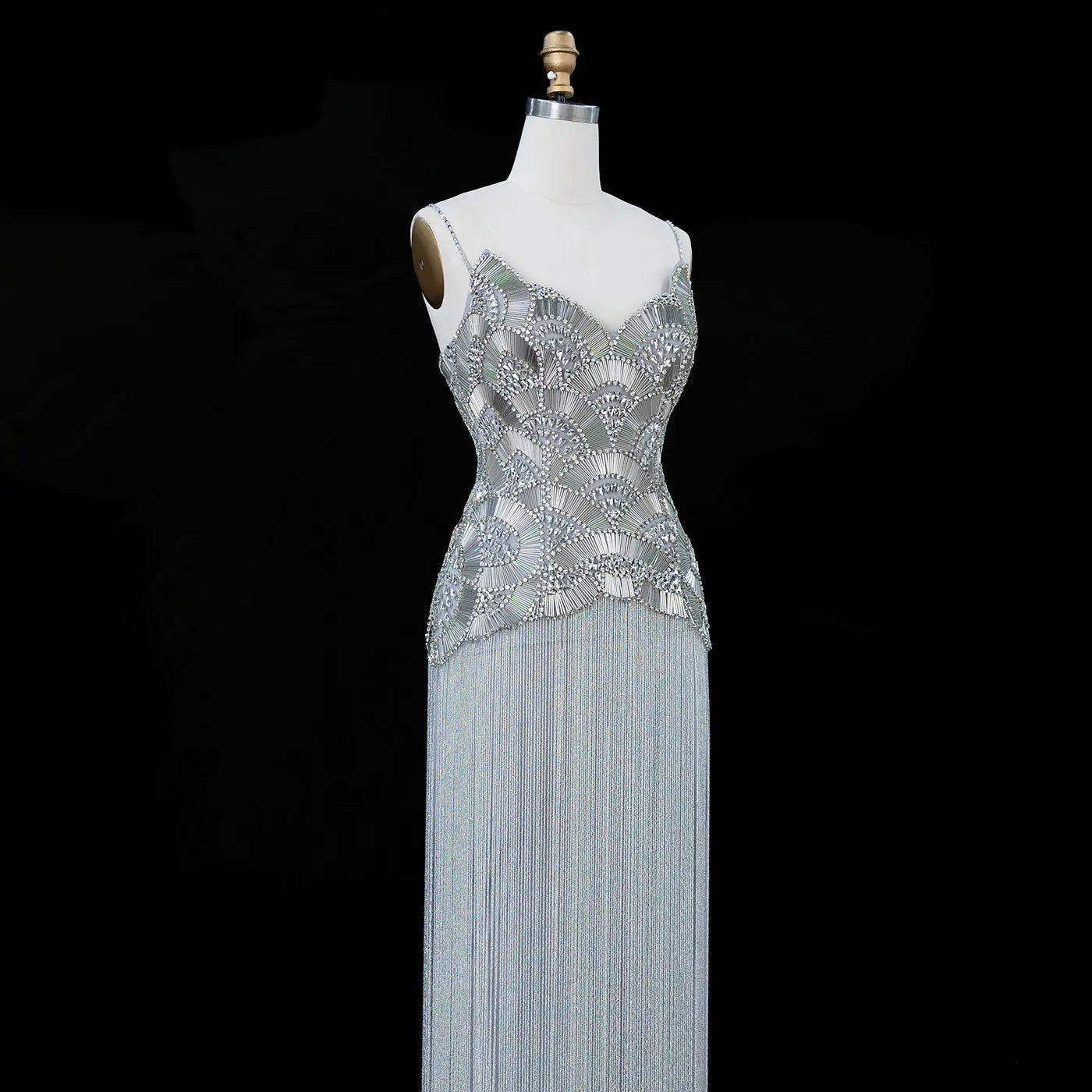 Gold Embellished Bodice Floor Length Fringe Evening Dress for Formal Events SS336 Sheer Fairy