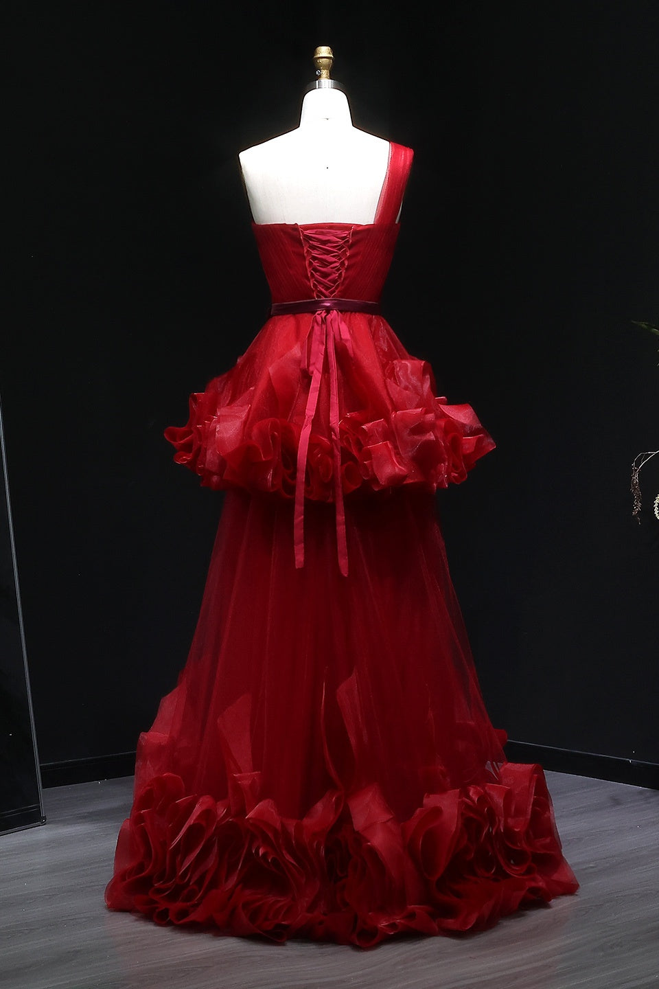 Modest Red One-Shoulder Ballgown Prom Dress with Ruffled Tulle SH360 Sheer Fairy