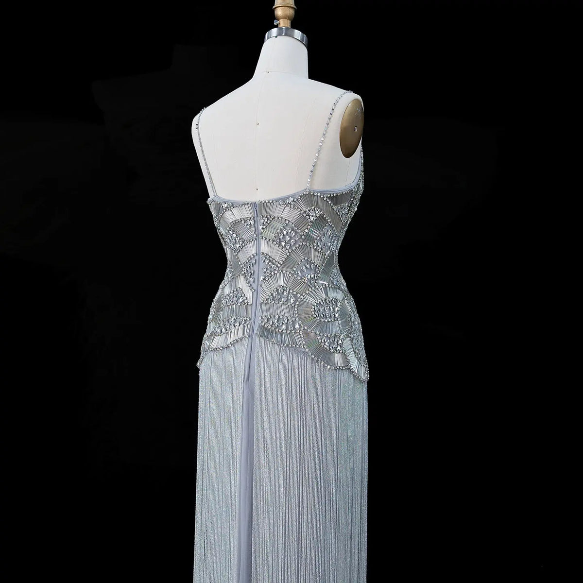 Gold Embellished Bodice Floor Length Fringe Evening Dress for Formal Events SS336 Sheer Fairy