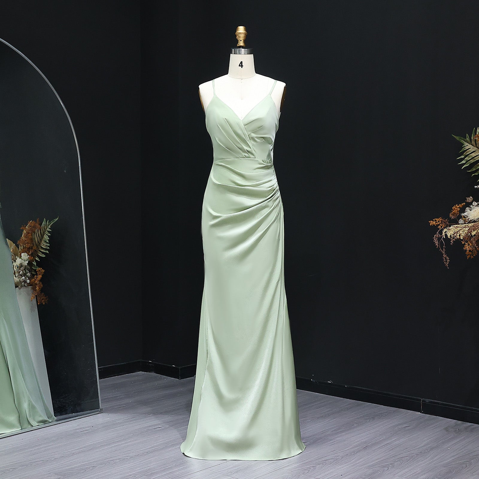 Sage Green V-Neck Satin Sheath Bridesmaid Dress BS011