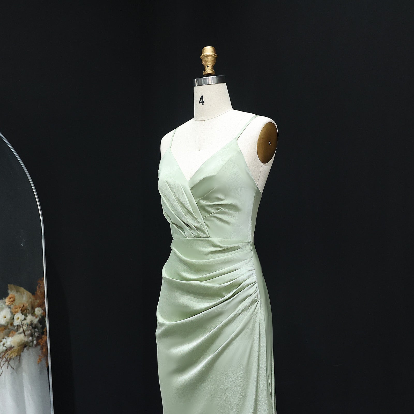 Sage Green V-Neck Satin Sheath Bridesmaid Dress BS011