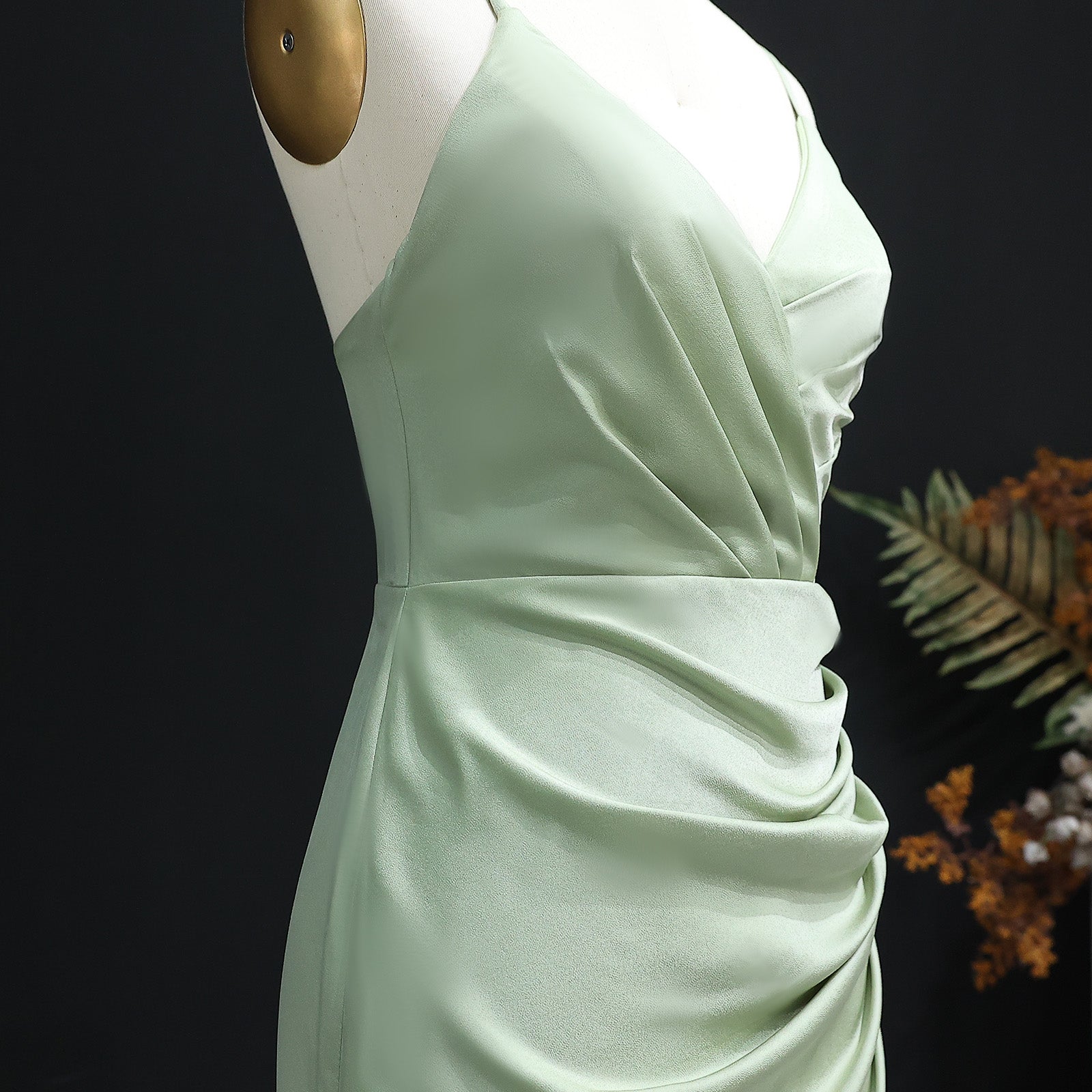 Sage Green V-Neck Satin Sheath Bridesmaid Dress BS011