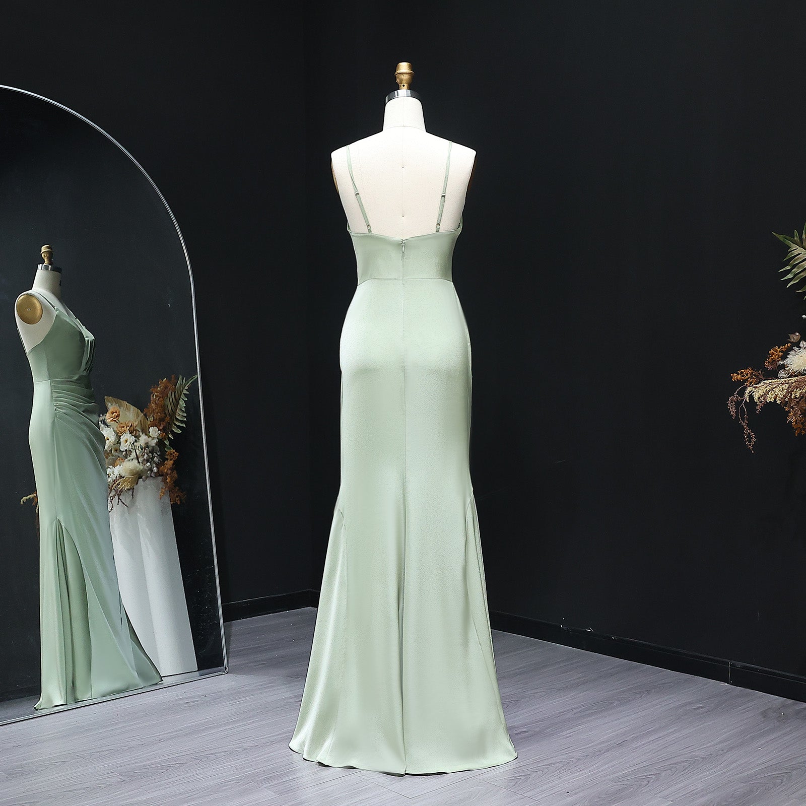 Sage Green V-Neck Satin Sheath Bridesmaid Dress BS011