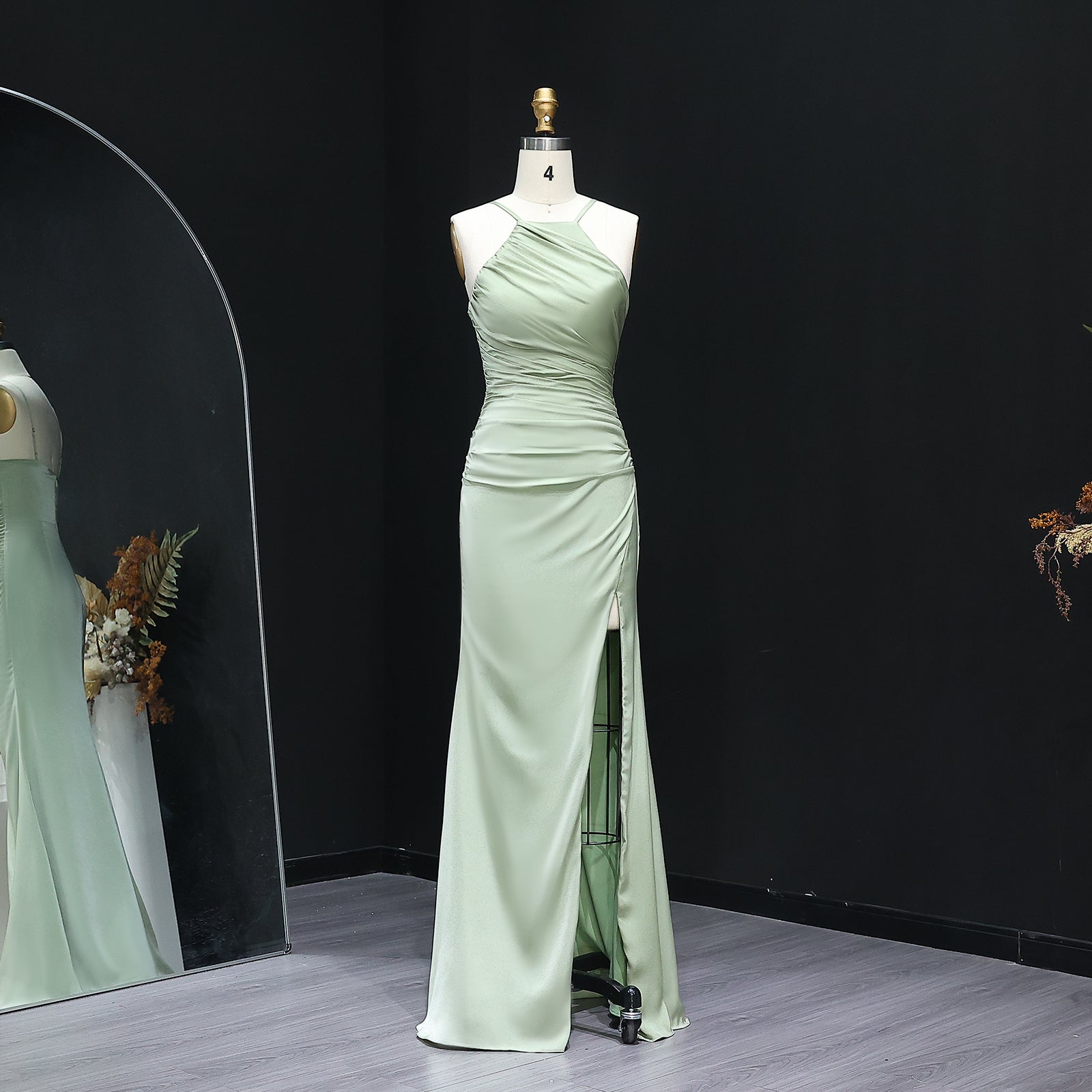 Sage Green Halter Neck Satin Sheath Bridesmaid Dress BS014