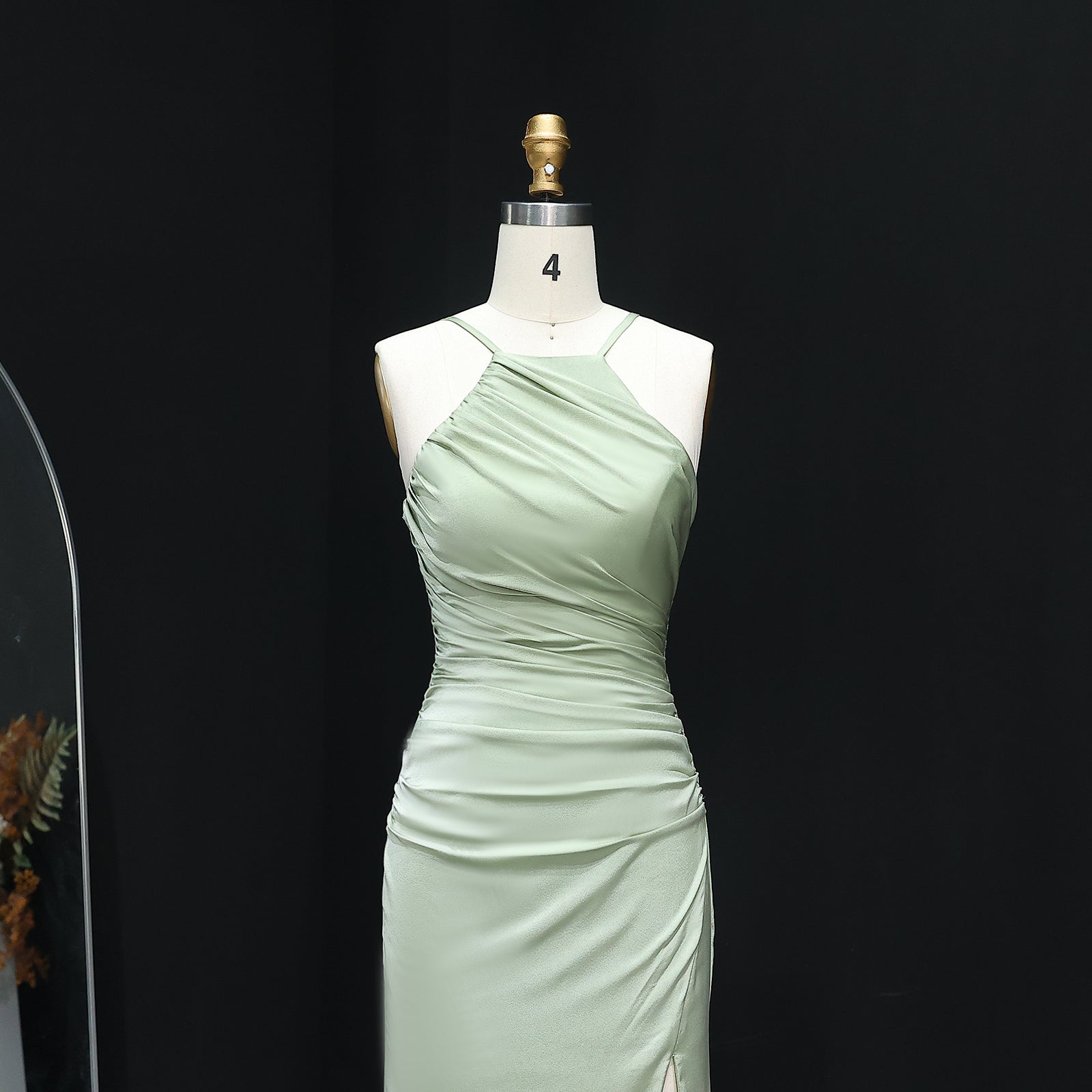 Sage Green Halter Neck Satin Sheath Bridesmaid Dress BS014