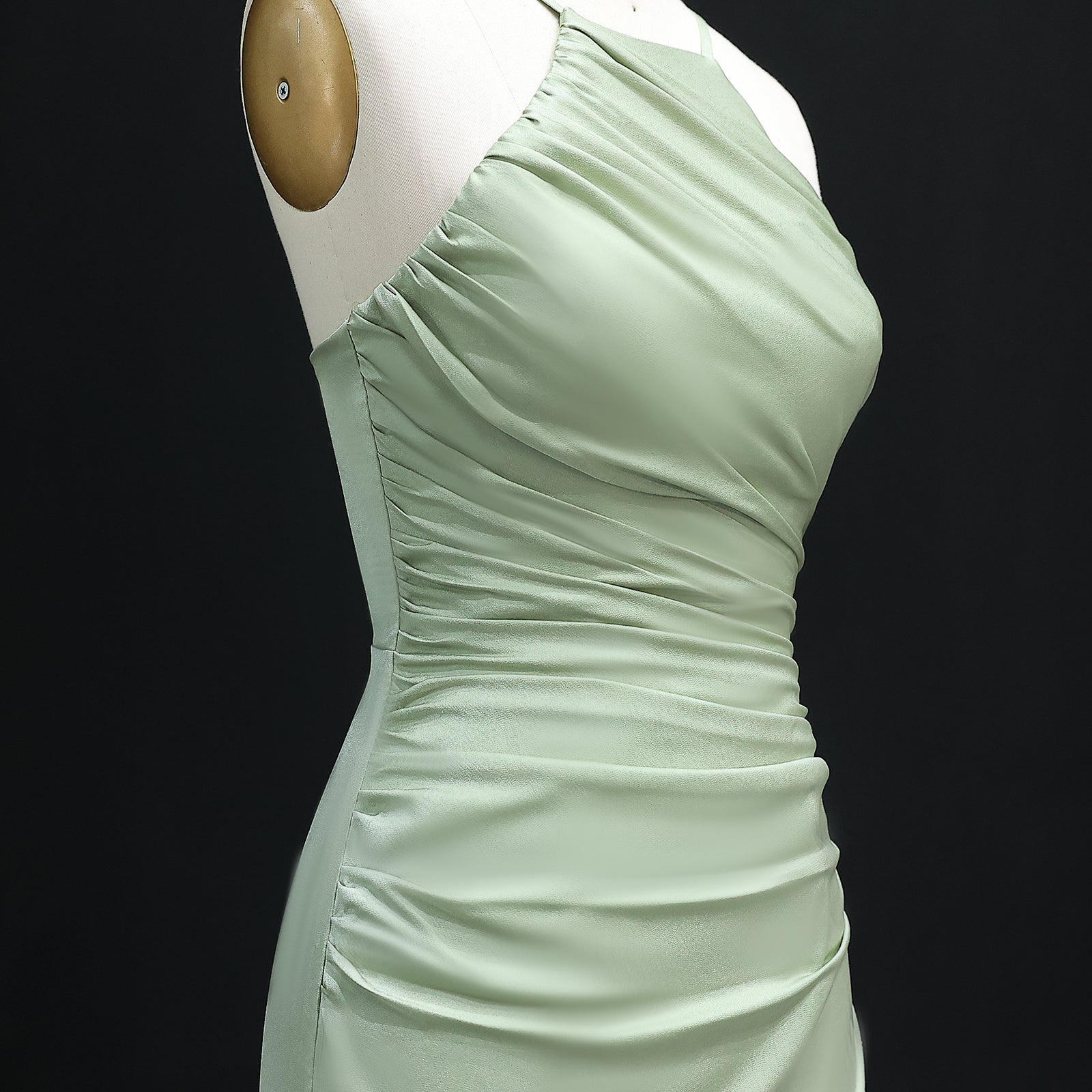 Sage Green Halter Neck Satin Sheath Bridesmaid Dress BS014