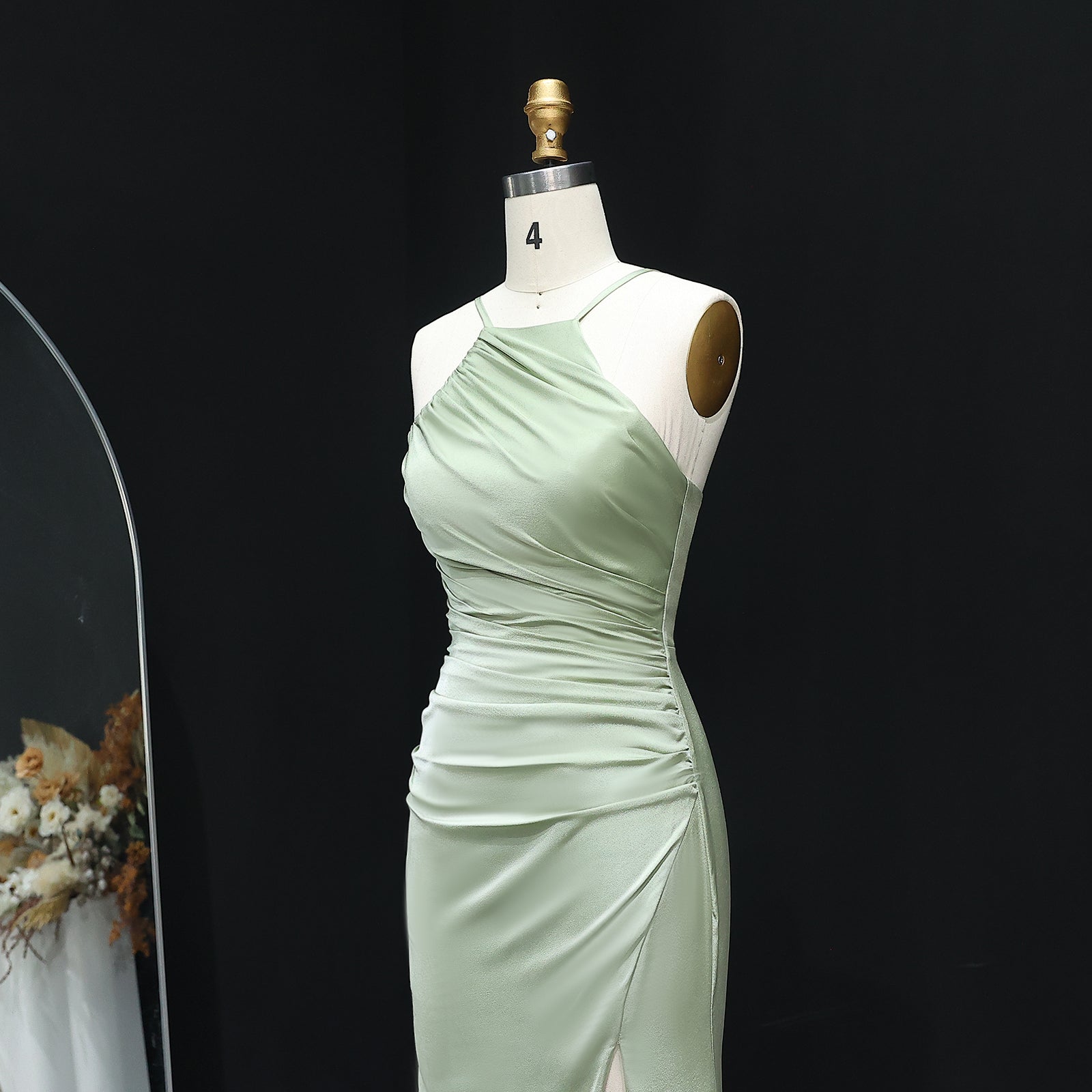 Sage Green Halter Neck Satin Sheath Bridesmaid Dress BS014