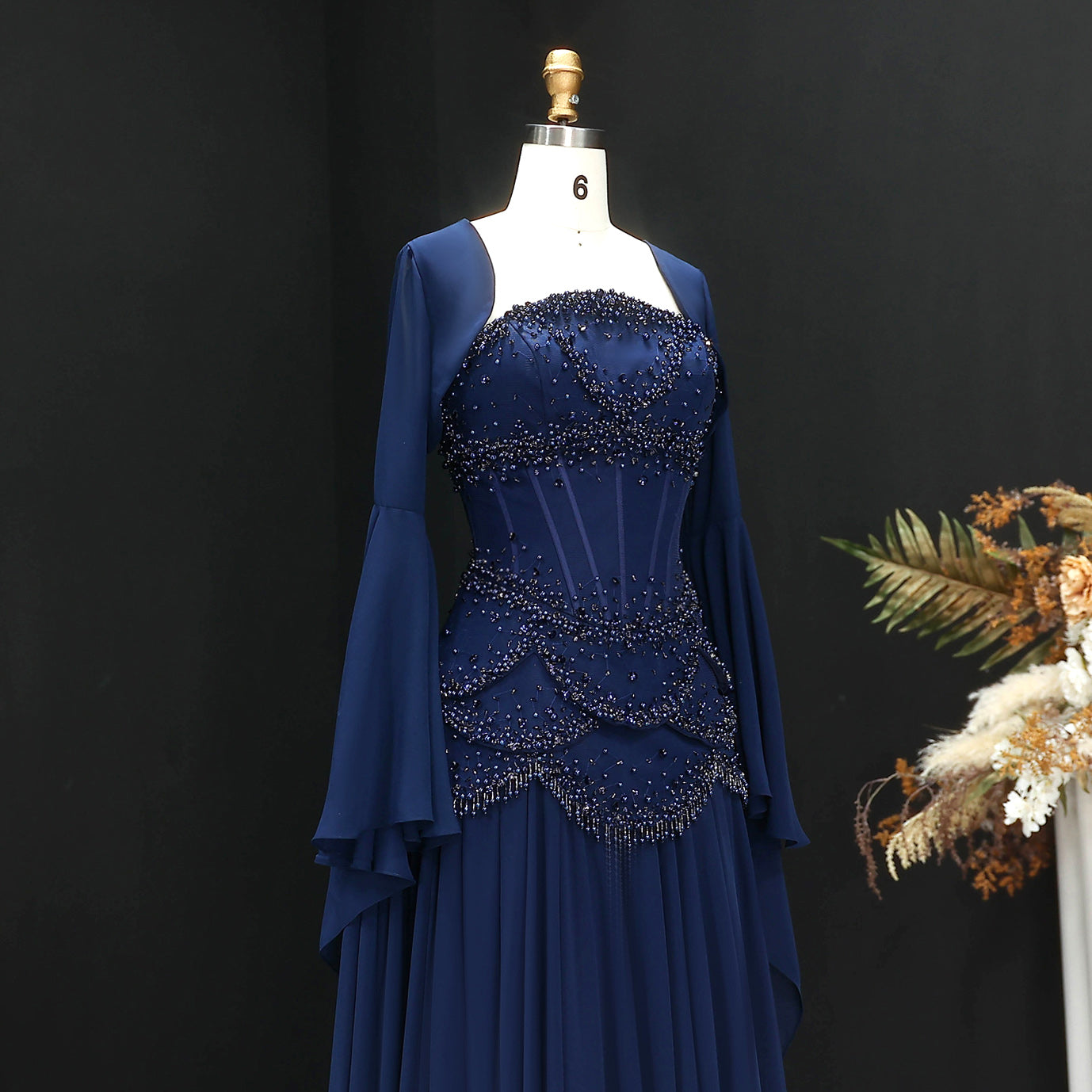 Luxury Blue Beaded Formal Evening Gown with Bell Sleeves SS286 Sheer Fairy
