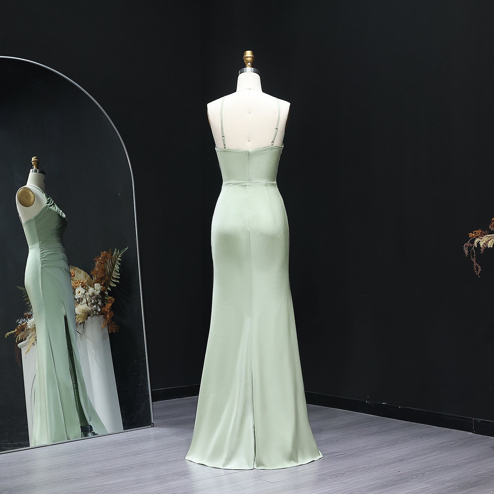 Sage Green Halter Neck Satin Sheath Bridesmaid Dress BS014