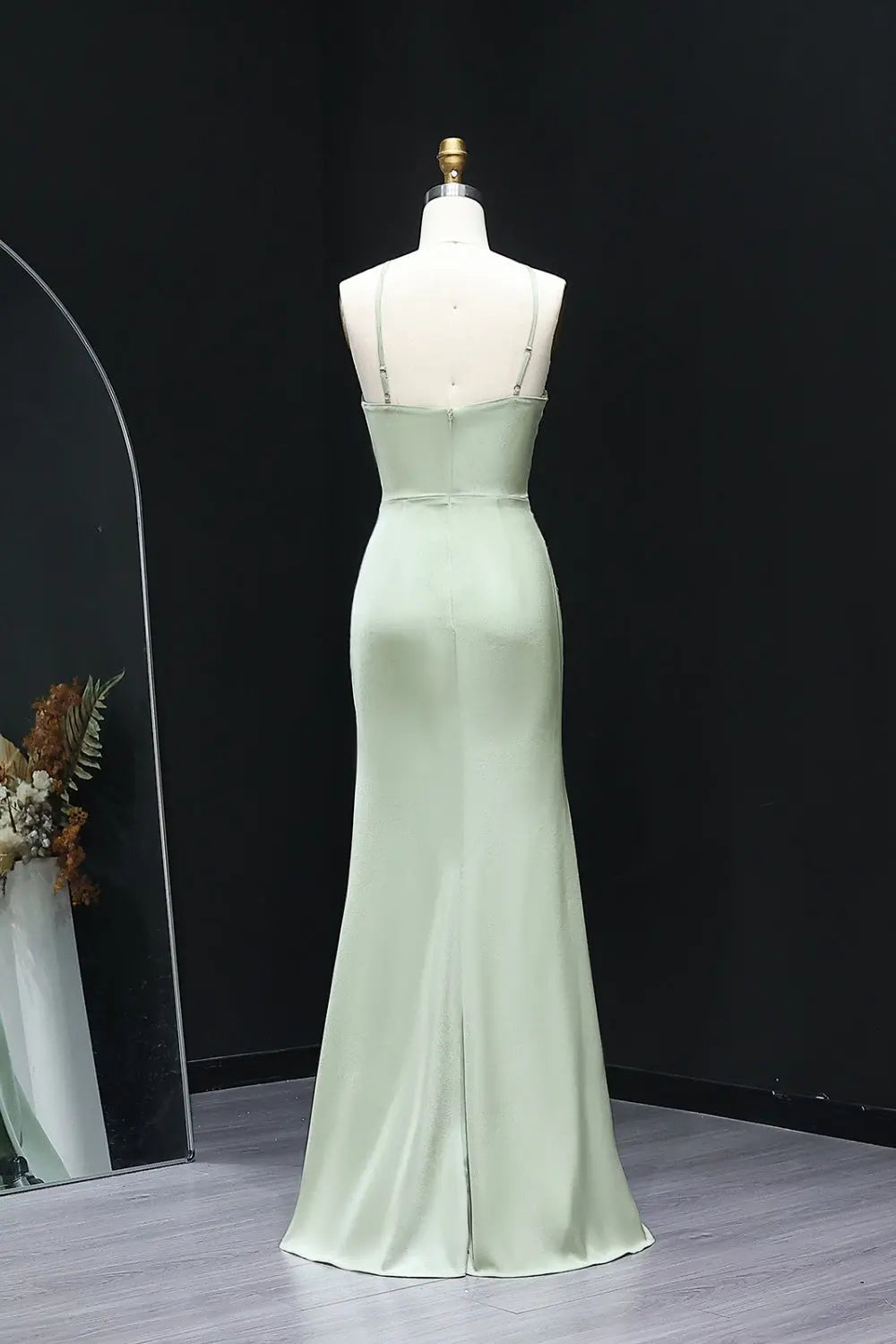 Sage Green Halter Neck Satin Sheath Bridesmaid Dress BS014 Sheer Fairy