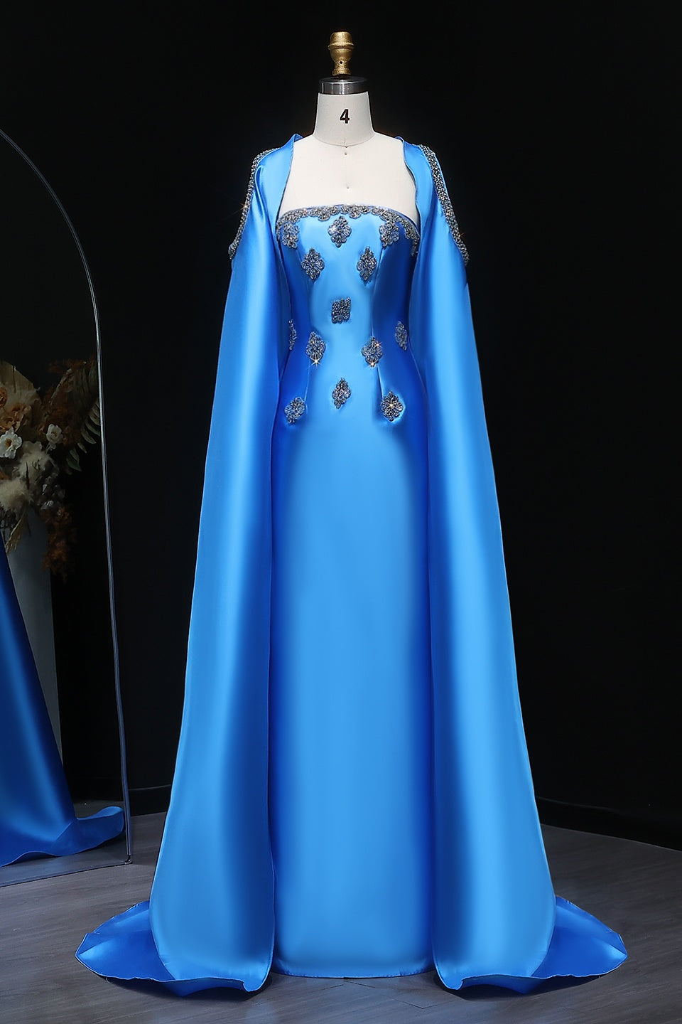 Blue Satin Square Neck Sheath Oversized Cape Evening Dress SF250 Sheer Fairy
