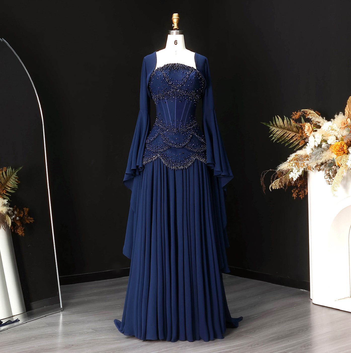 Luxury Sky Blue Beaded Formal Evening Gown with Bell Sleeves SS286 Sheer Fairy