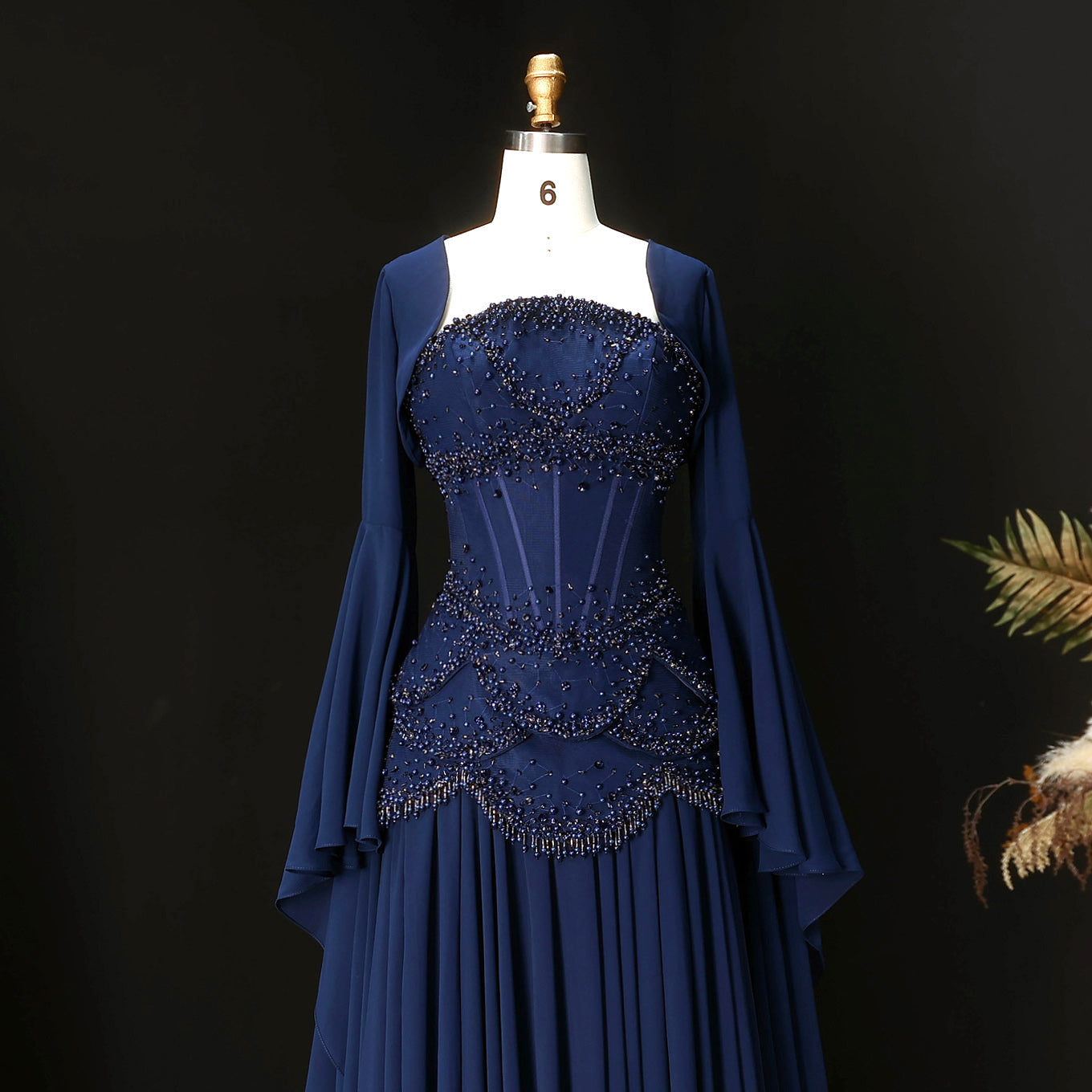 Luxury Sky Blue Beaded Formal Evening Gown with Bell Sleeves SS286 Sheer Fairy