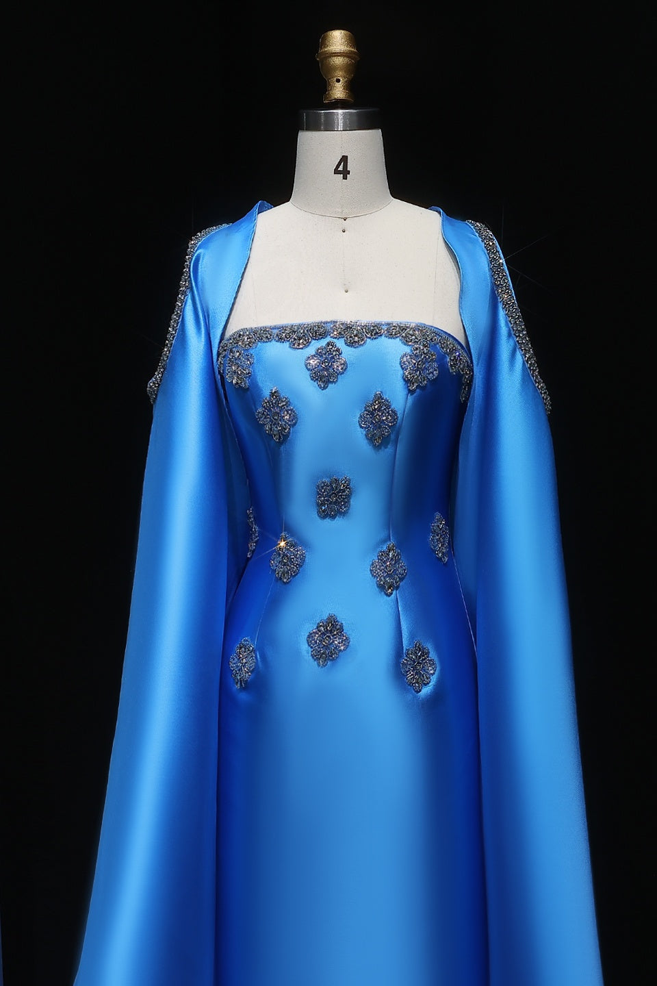 Blue Satin Square Neck Sheath Oversized Cape Evening Dress SF250 Sheer Fairy