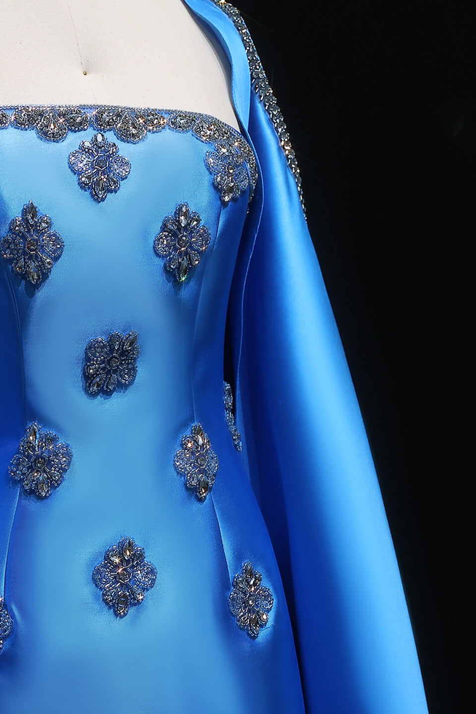 Blue Satin Square Neck Sheath Oversized Cape Evening Dress SF250 Sheer Fairy