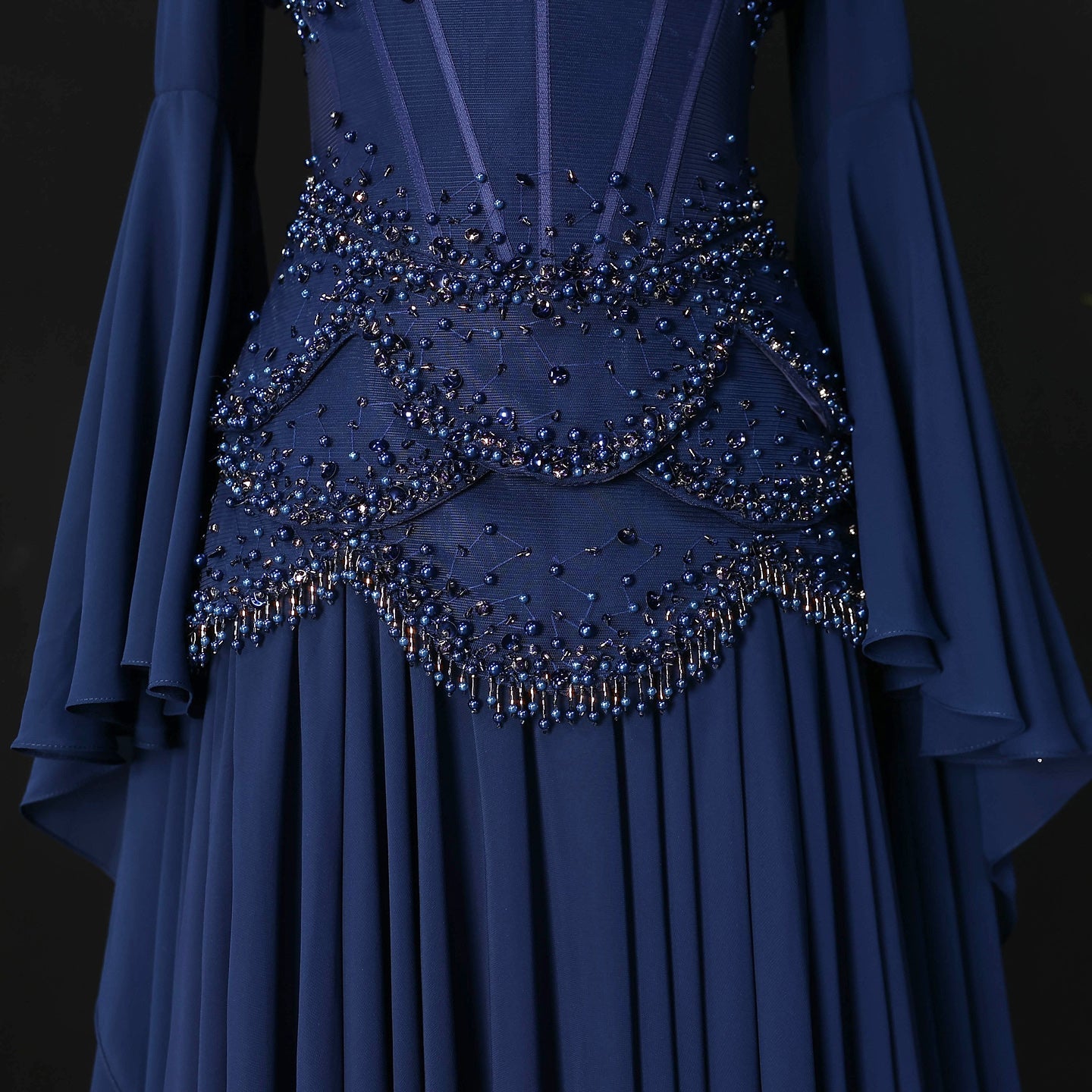 Luxury Blue Beaded Formal Evening Gown with Bell Sleeves SS286 Sheer Fairy