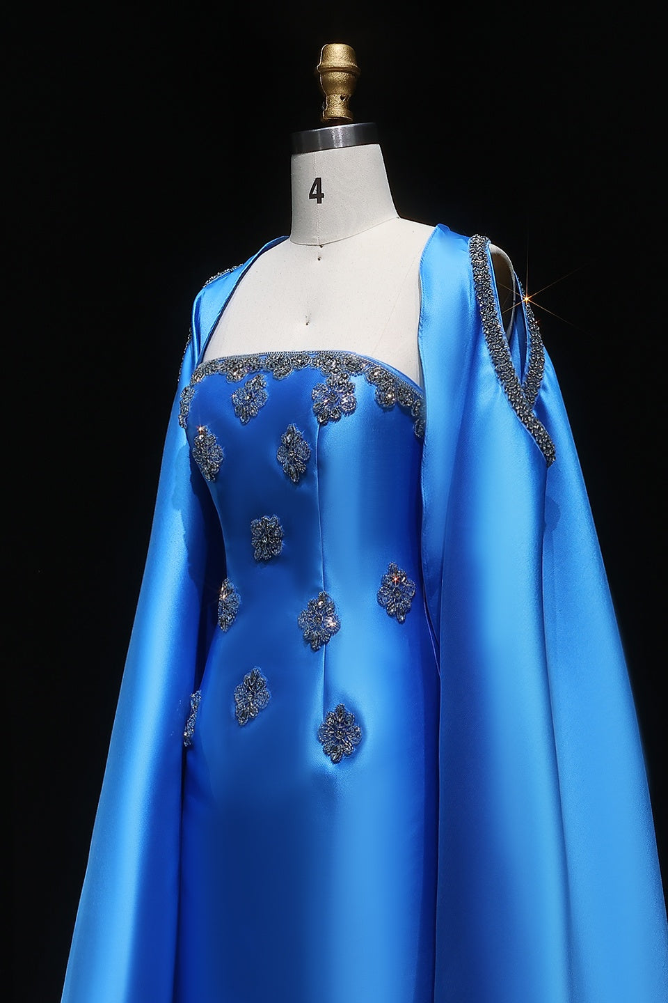 Blue Satin Square Neck Sheath Oversized Cape Evening Dress SF250 Sheer Fairy