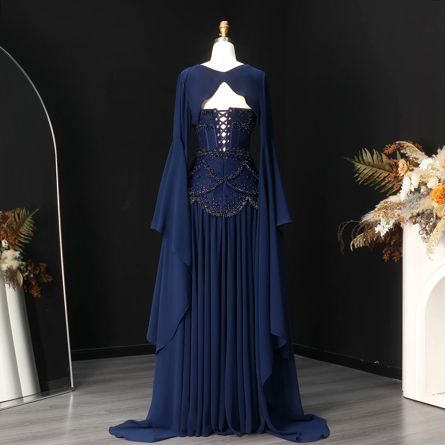 Luxury Sky Blue Beaded Formal Evening Gown with Bell Sleeves SS286 Sheer Fairy