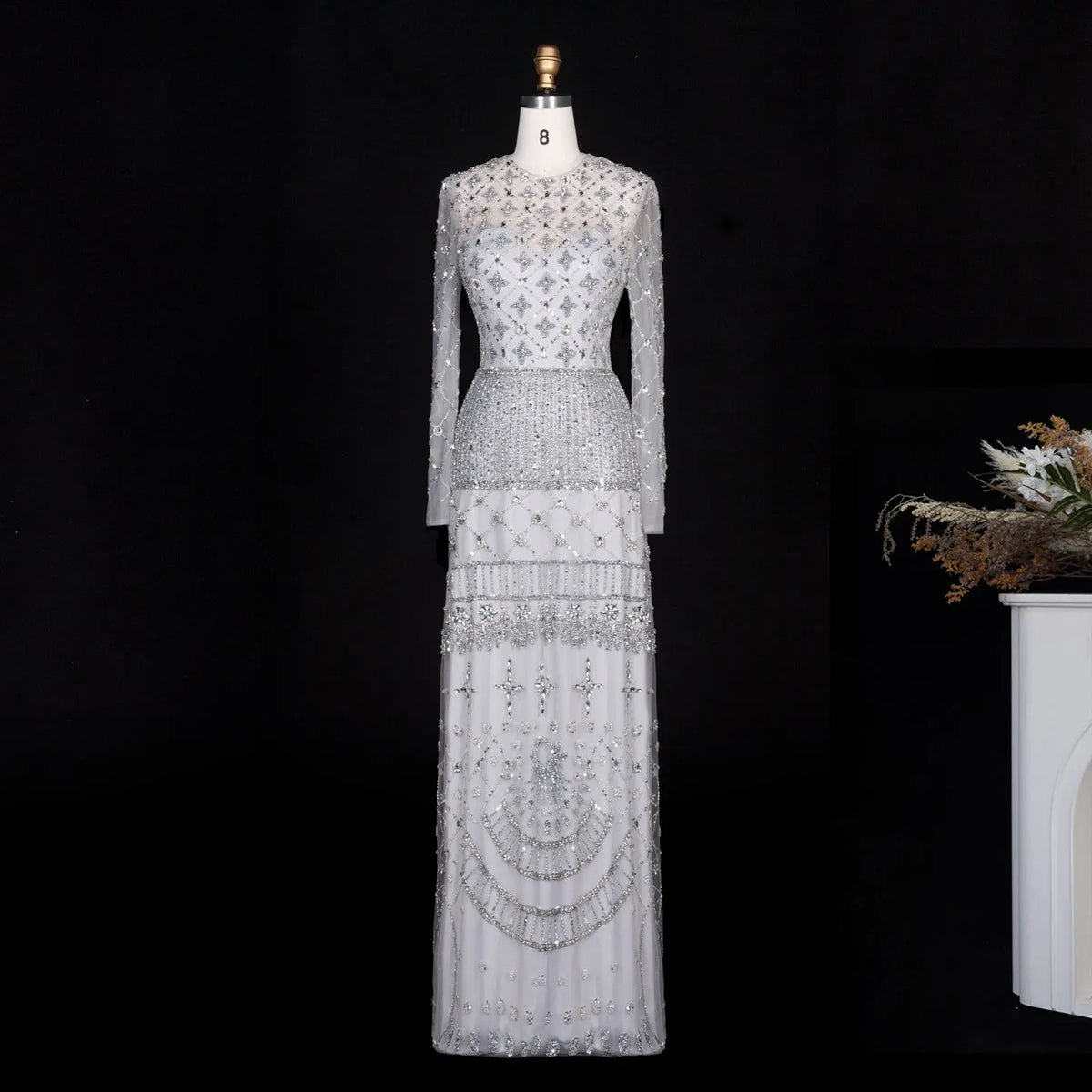 Pink Long-Sleeve Beaded Sheer Evening Dress SS220 Sheer Fairy