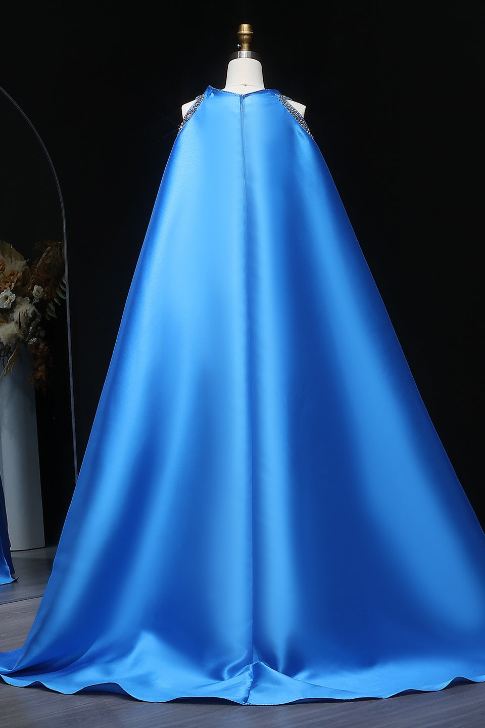 Blue Satin Square Neck Sheath Oversized Cape Evening Dress SF250 Sheer Fairy