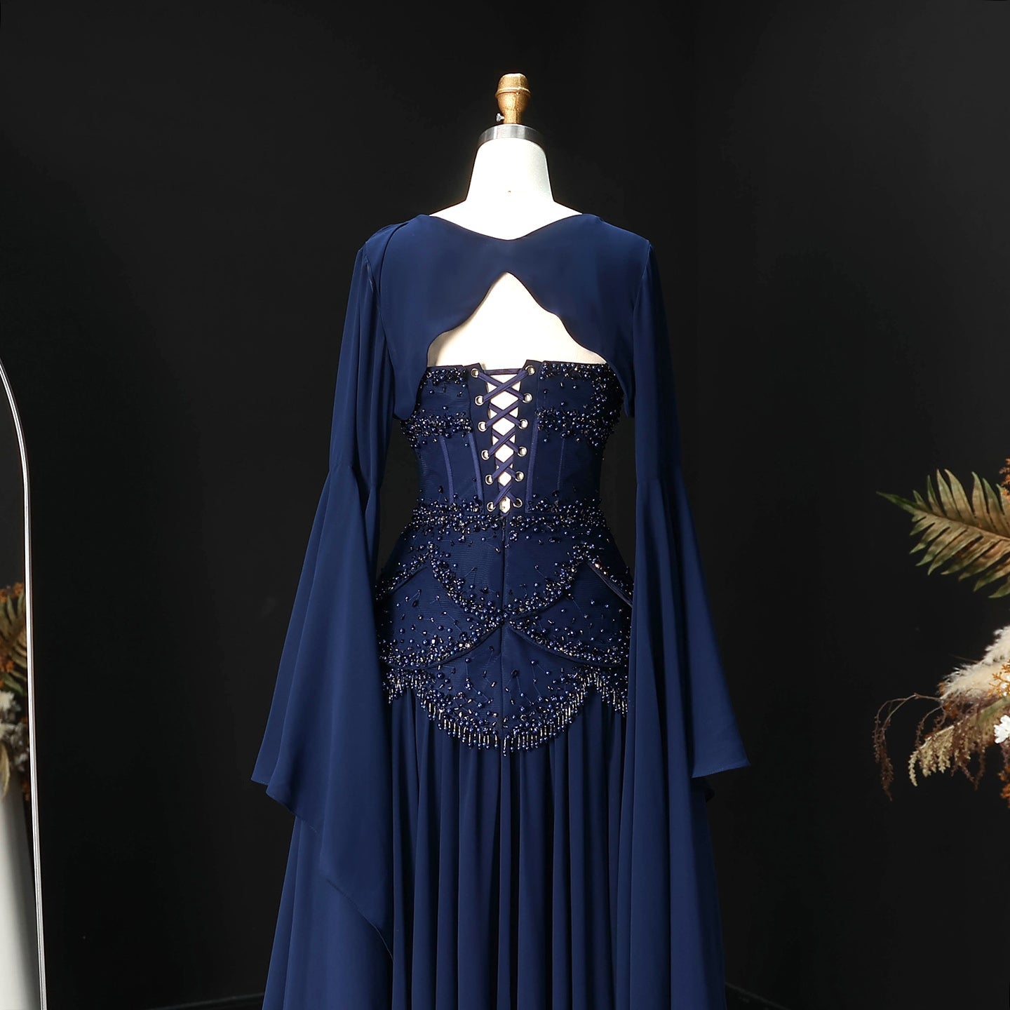 Luxury Blue Beaded Formal Evening Gown with Bell Sleeves SS286 Sheer Fairy