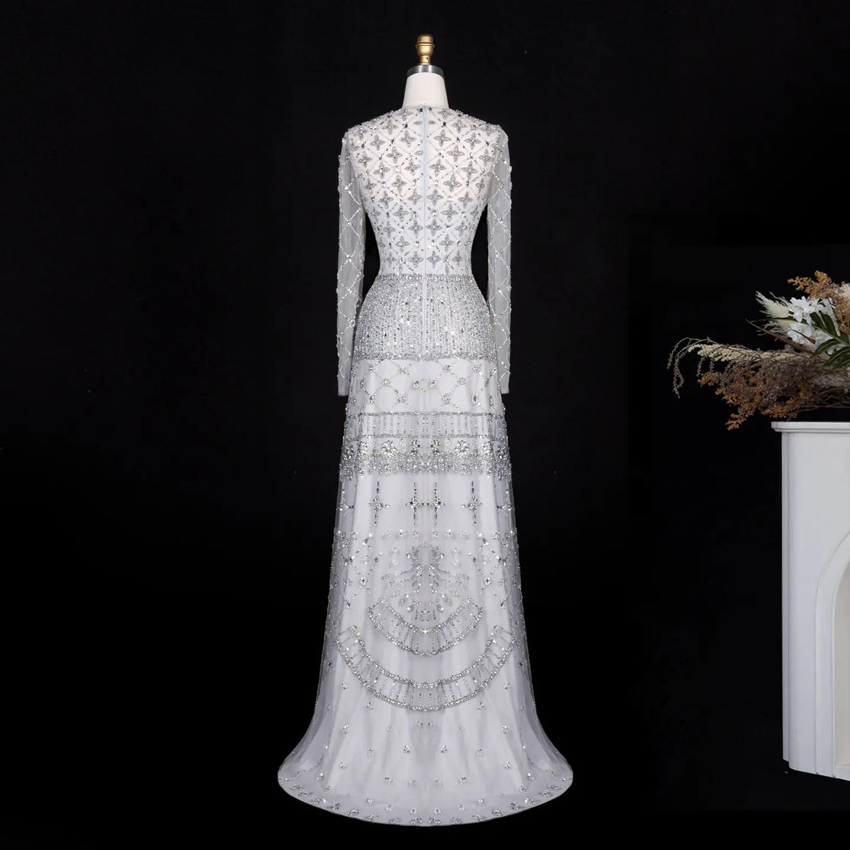 Pink Long-Sleeve Beaded Sheer Evening Dress SS220 Sheer Fairy
