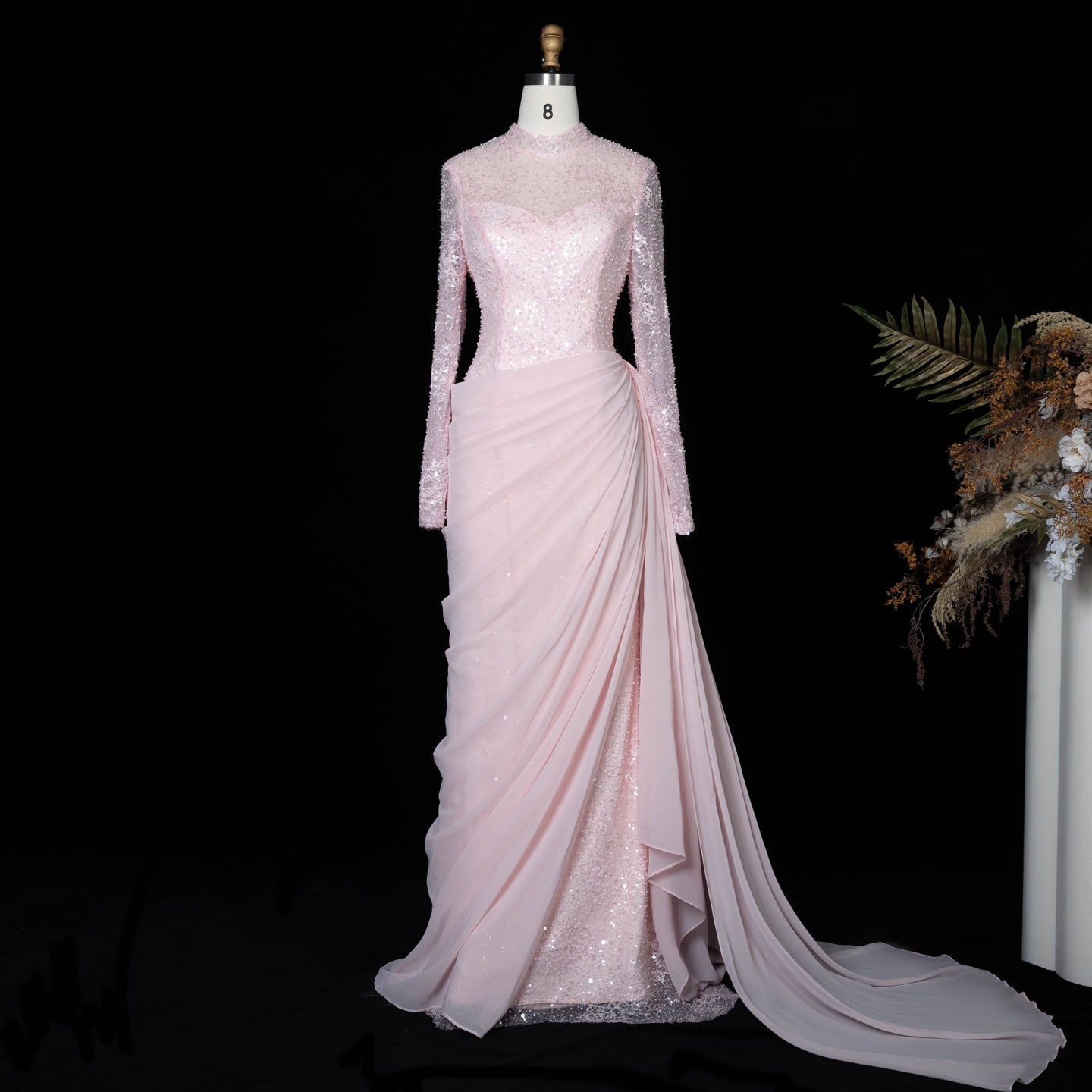 Periwinkle Lace High Neck Long Sleeve Mermaid Violet Evening Dress SF429 Sheer Fairy
