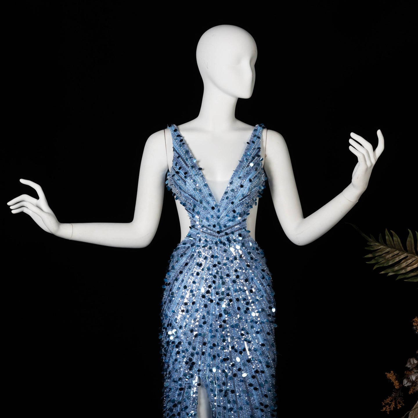 Aqua/ Blue Satin Mermaid Evening Dress deep V sleeveless high slit mermaid gown  SH354 Sheer Fairy